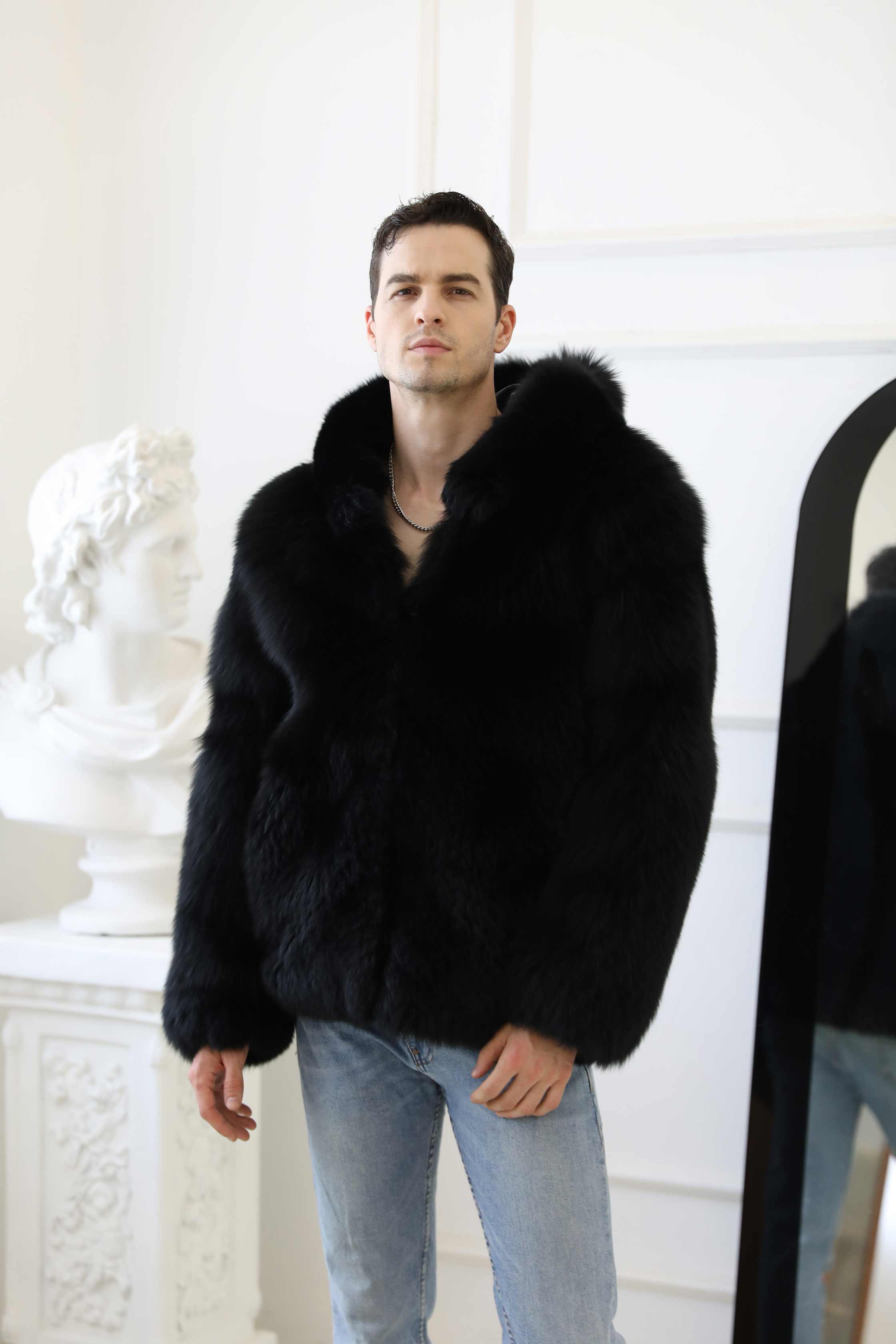 Fashionable Warm Winter Real Fox Fur Thick Jacket Solid Colour Hoodie - Janefur