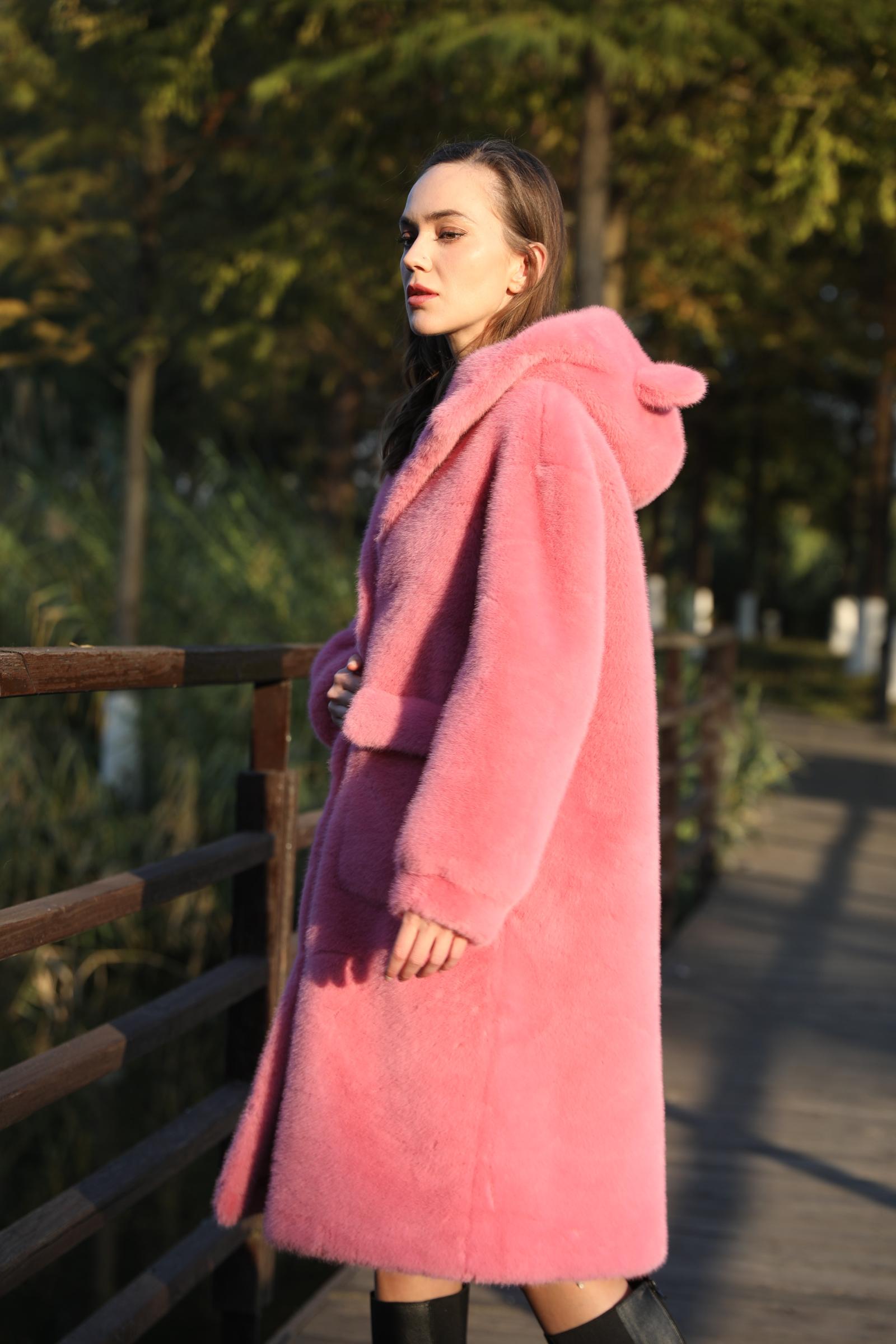 Women's Bear Ears Long Faux Mink Cute Warm Coat - Janefur