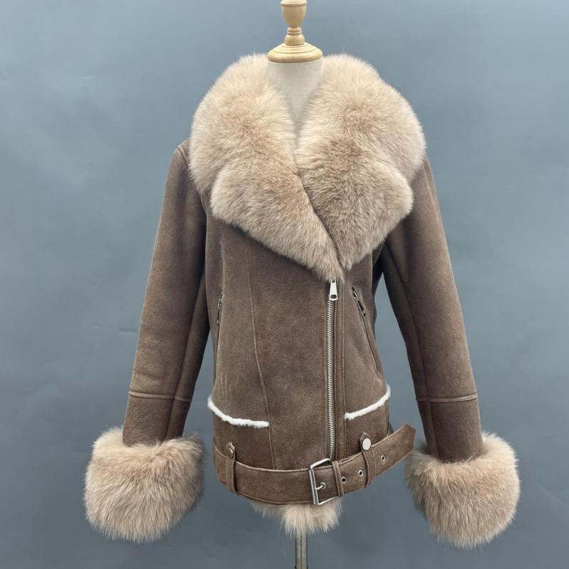 Biker Style Brown Lamb Leather Jacket With Zipper - Janefur