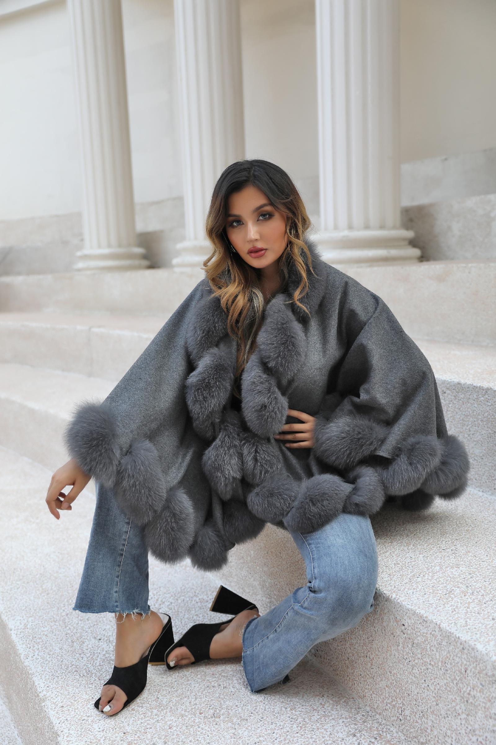 Full Wool Cashmere Cape with Real Fox Fur Fashionable Luxurious Soft Shawl for Women's Coat - Janefur