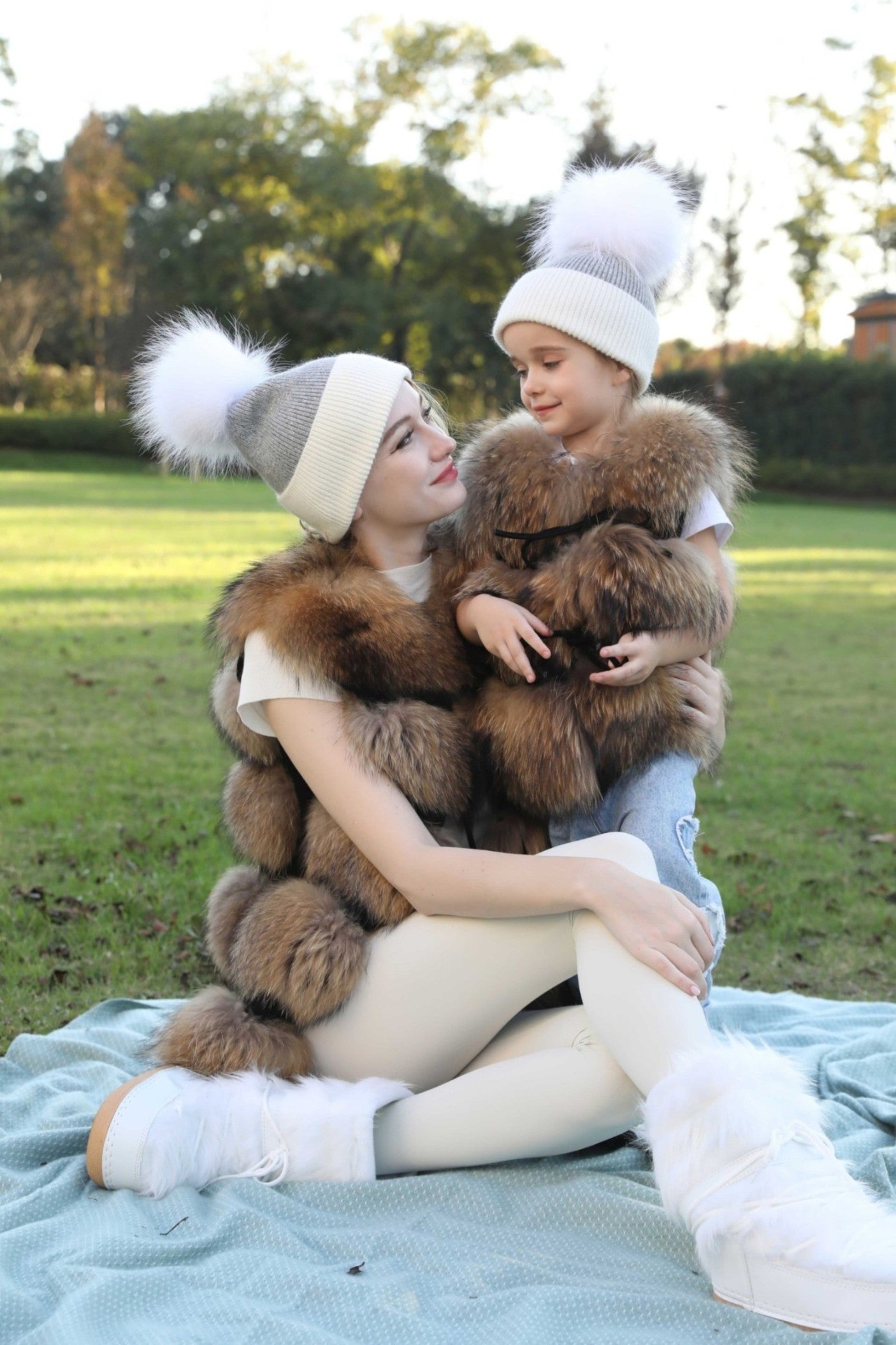 Contrast Color Angora Knitted Fur Pom Pom Warm Beanie Hat For Adults and Children - Janefur