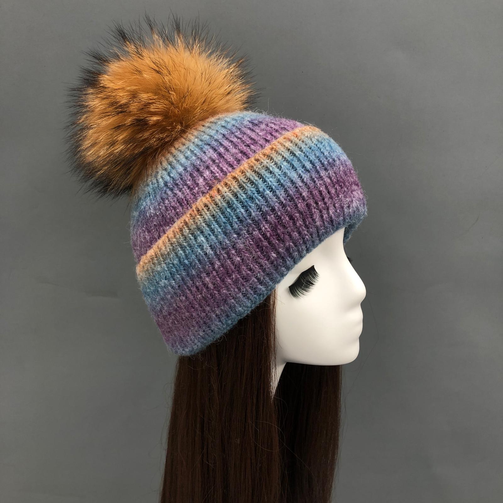 Gradient Wool Hat with Fur Pom Pom Women Hat - Janefur