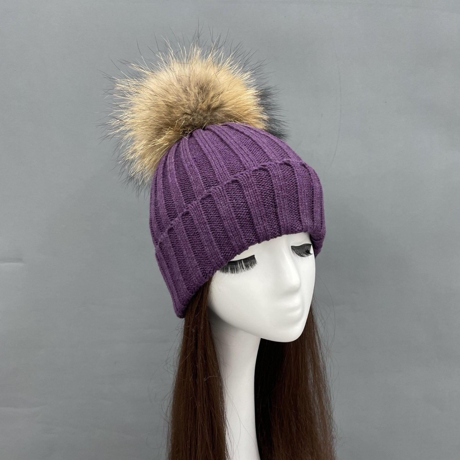 New Fall And Winter Striped With Fur Pom Pom Acrylic Hat - Janefur