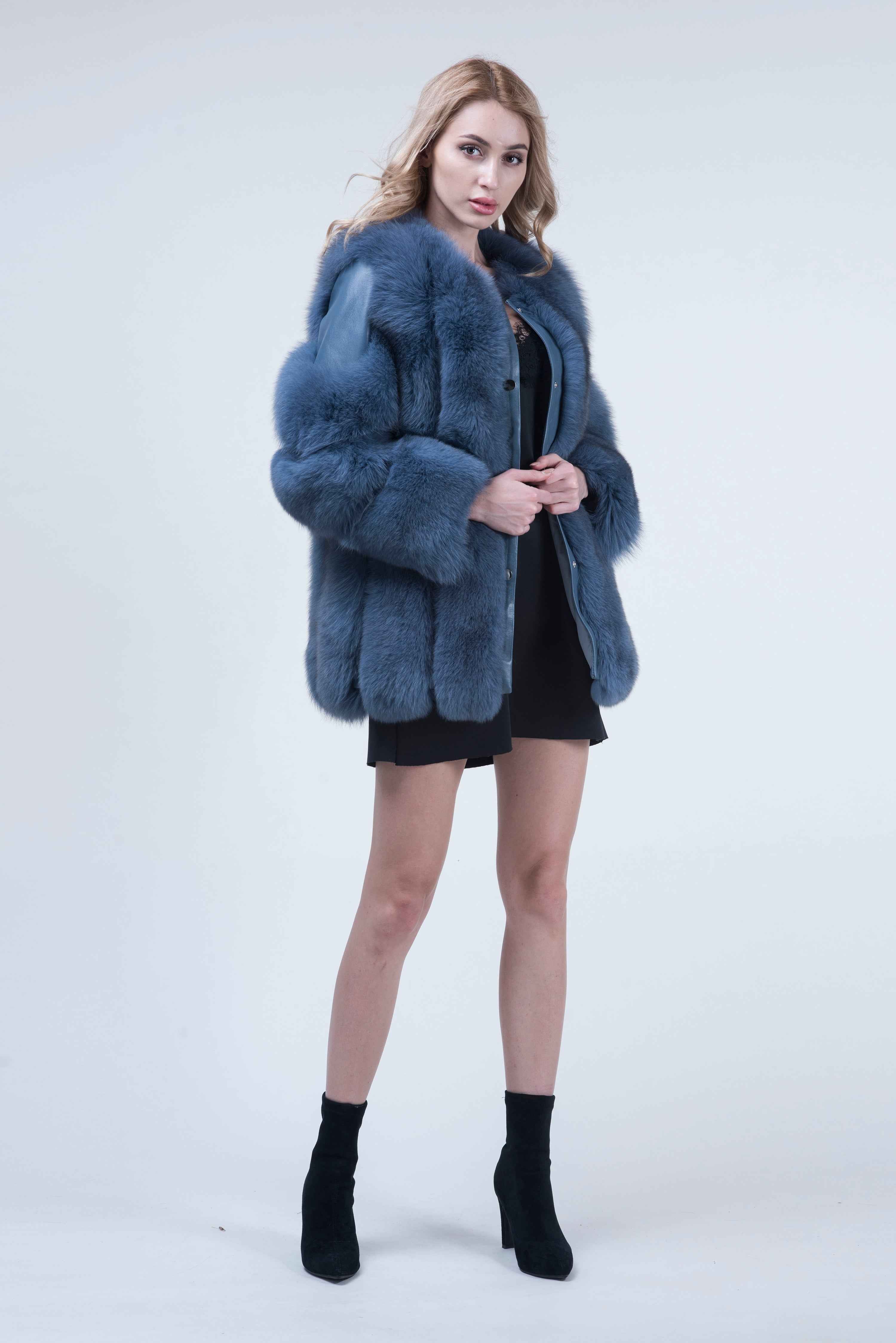 Luxury Fox Fur Overcoat with Leather Strip Accents - Women's Cold Weather Outerwear