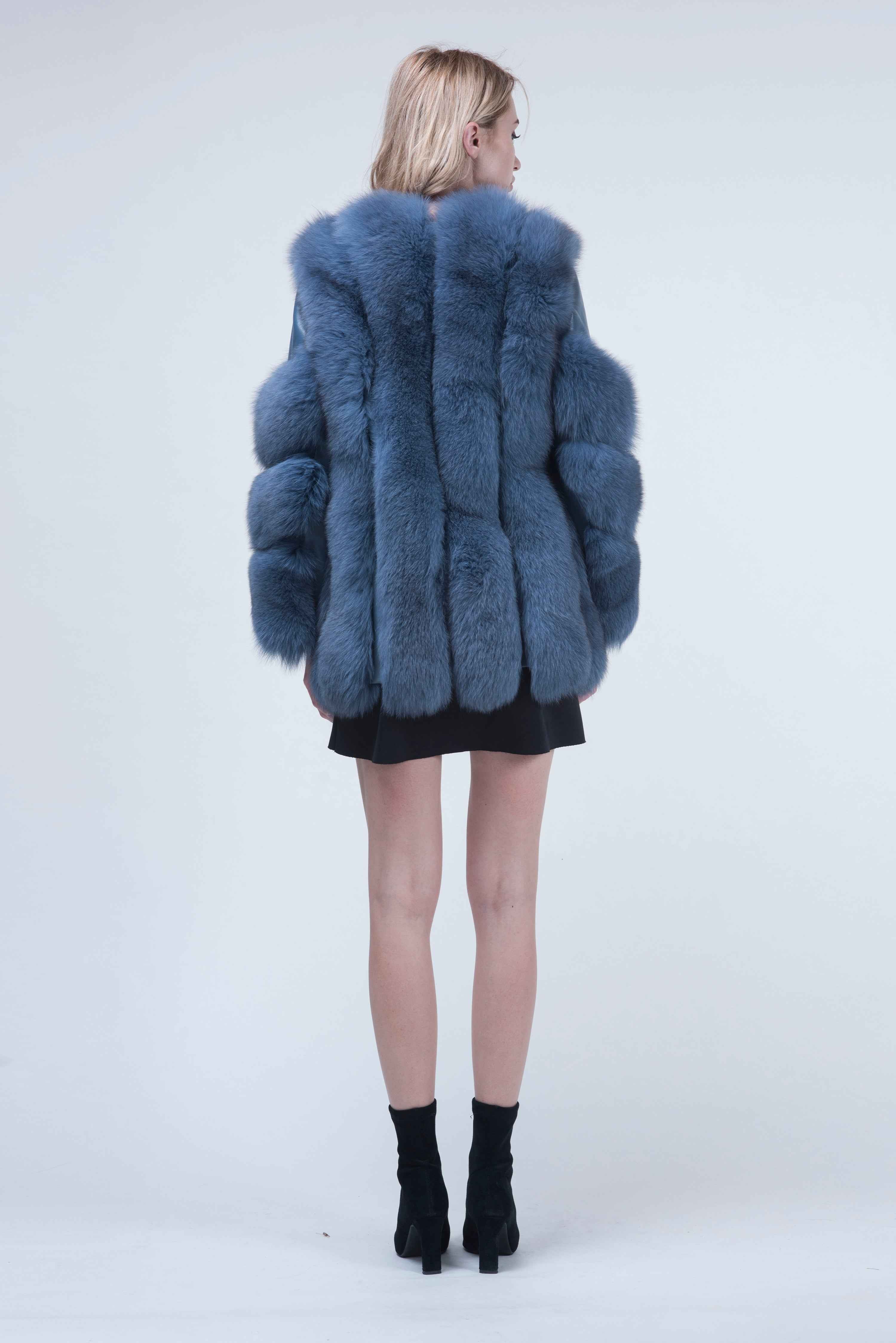 Luxury Fox Fur Overcoat with Leather Strip Accents - Women's Cold Weather Outerwear