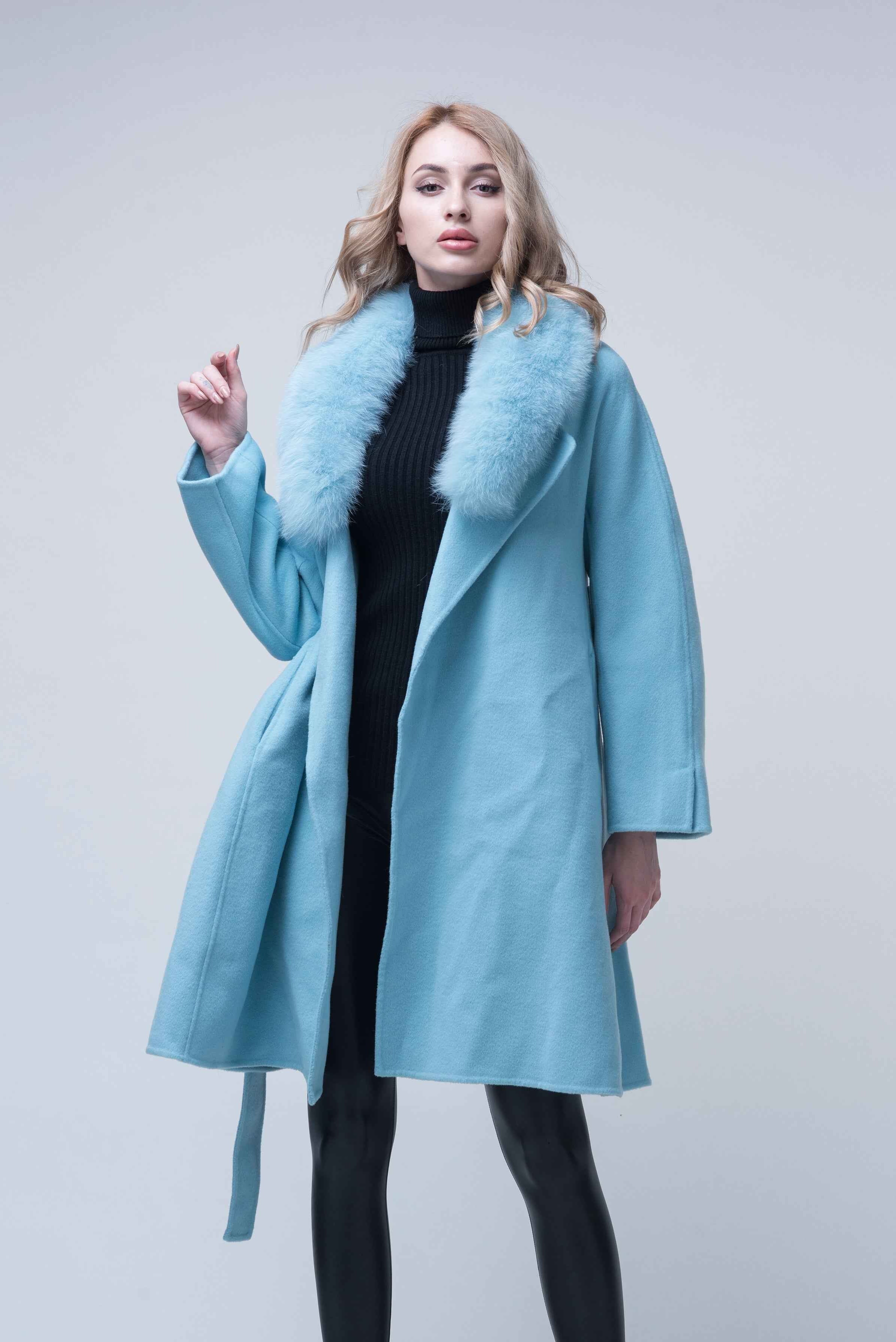 Women's Luxury Double - Faced Cashmere Coat with Fox Fur Collar, Small Flared Hem, Belted Elegant Winter Outerwear