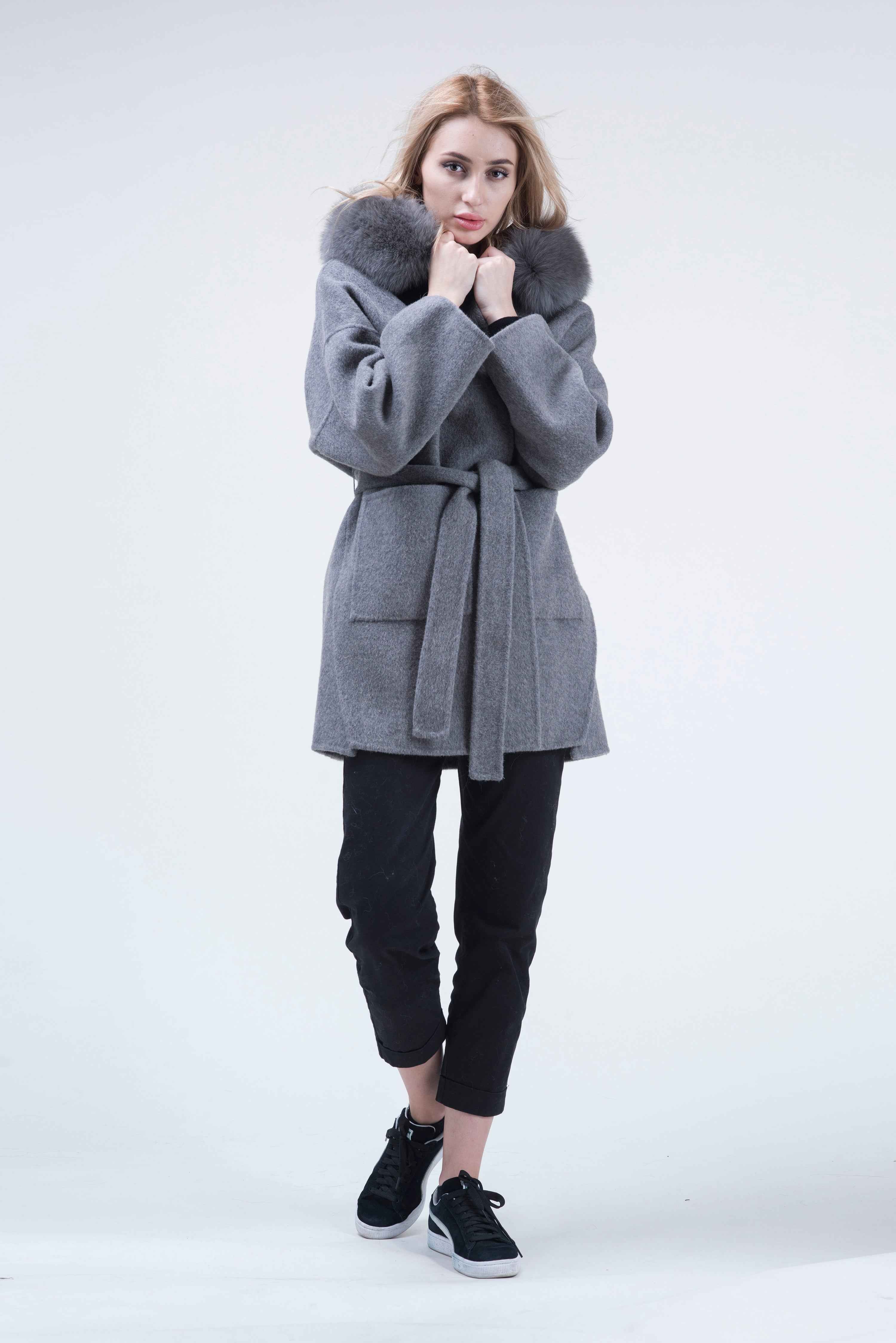 Women's Oversized Gray Wool Blend Coat with Fox Fur Hood Trim, Belted Long Winter Jacket for Casual Outfits