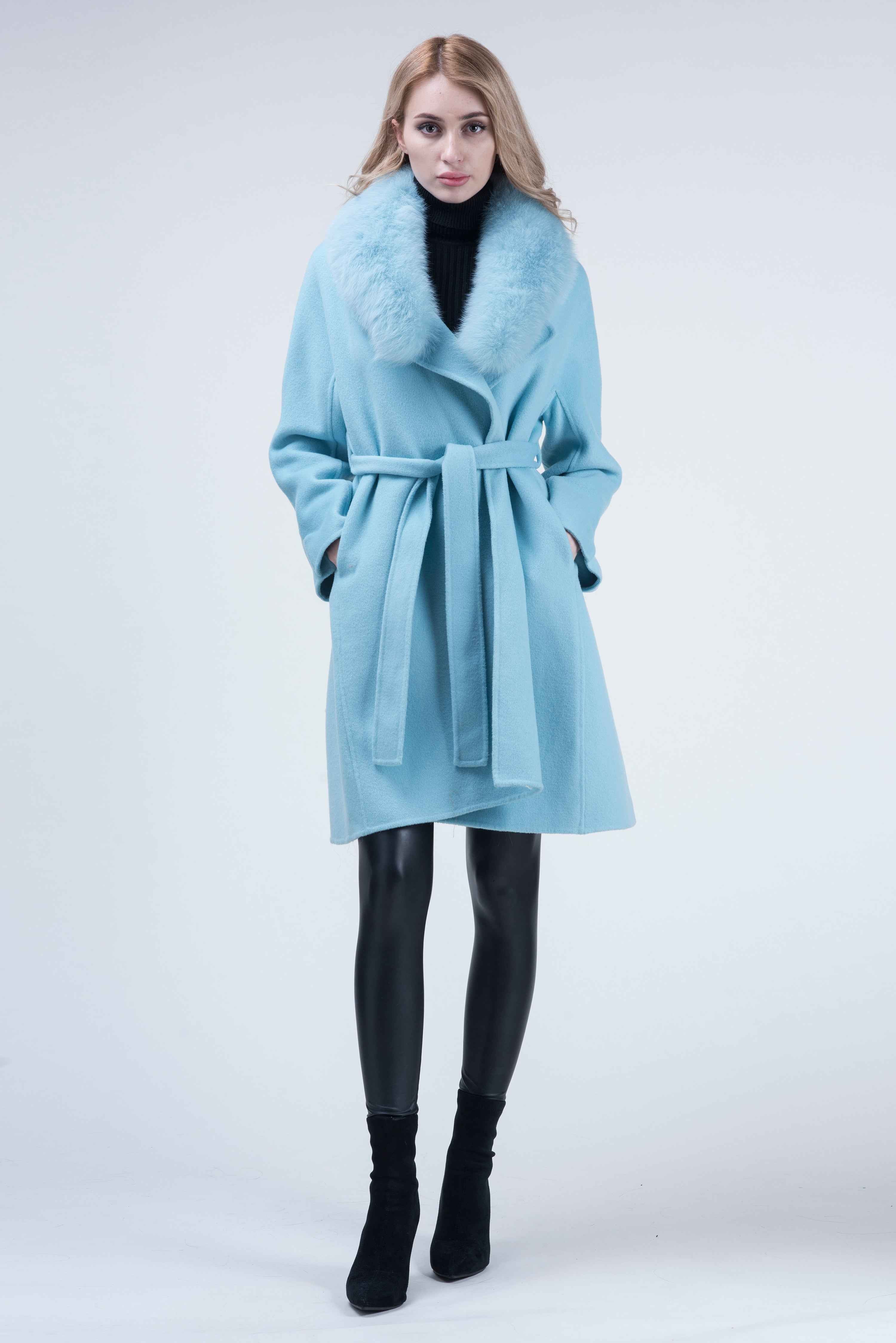 Women's Luxury Double - Faced Cashmere Coat with Fox Fur Collar, Small Flared Hem, Belted Elegant Winter Outerwear