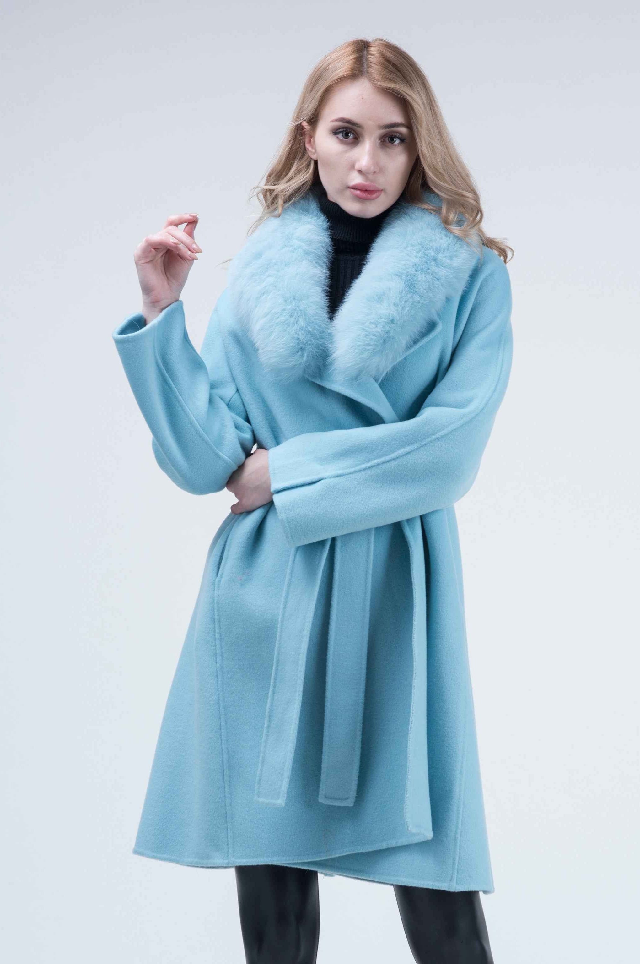 Women's Luxury Double - Faced Cashmere Coat with Fox Fur Collar, Small Flared Hem, Belted Elegant Winter Outerwear
