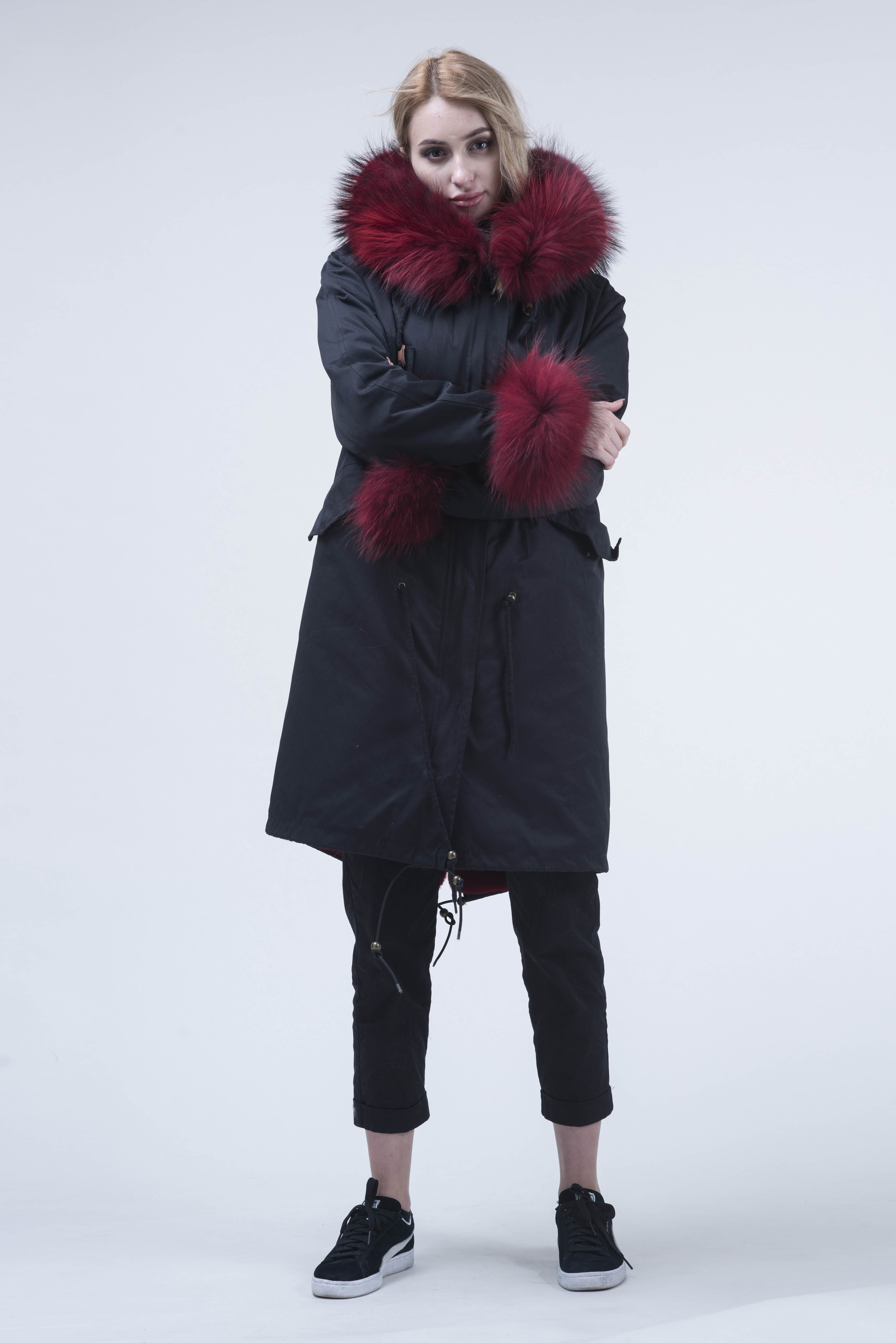 Long Camouflage Parka with Raccoon Fur Trim – Hooded Winter Coat for Women, Full-Length Raccoon Fur Collar & Cuffs, Warm and Luxurious Outerwear