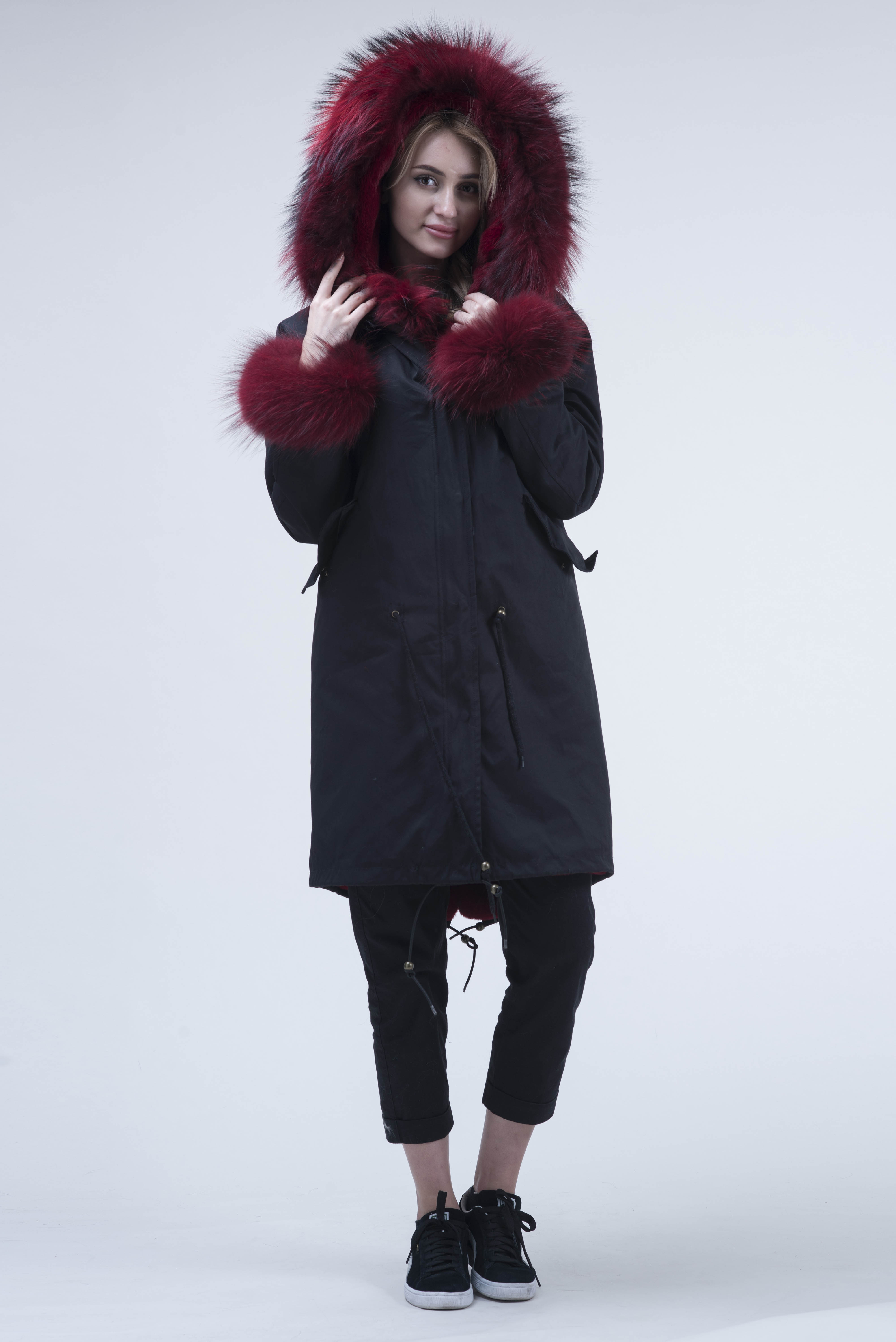 Long Camouflage Parka with Raccoon Fur Trim – Hooded Winter Coat for Women, Full-Length Raccoon Fur Collar & Cuffs, Warm and Luxurious Outerwear