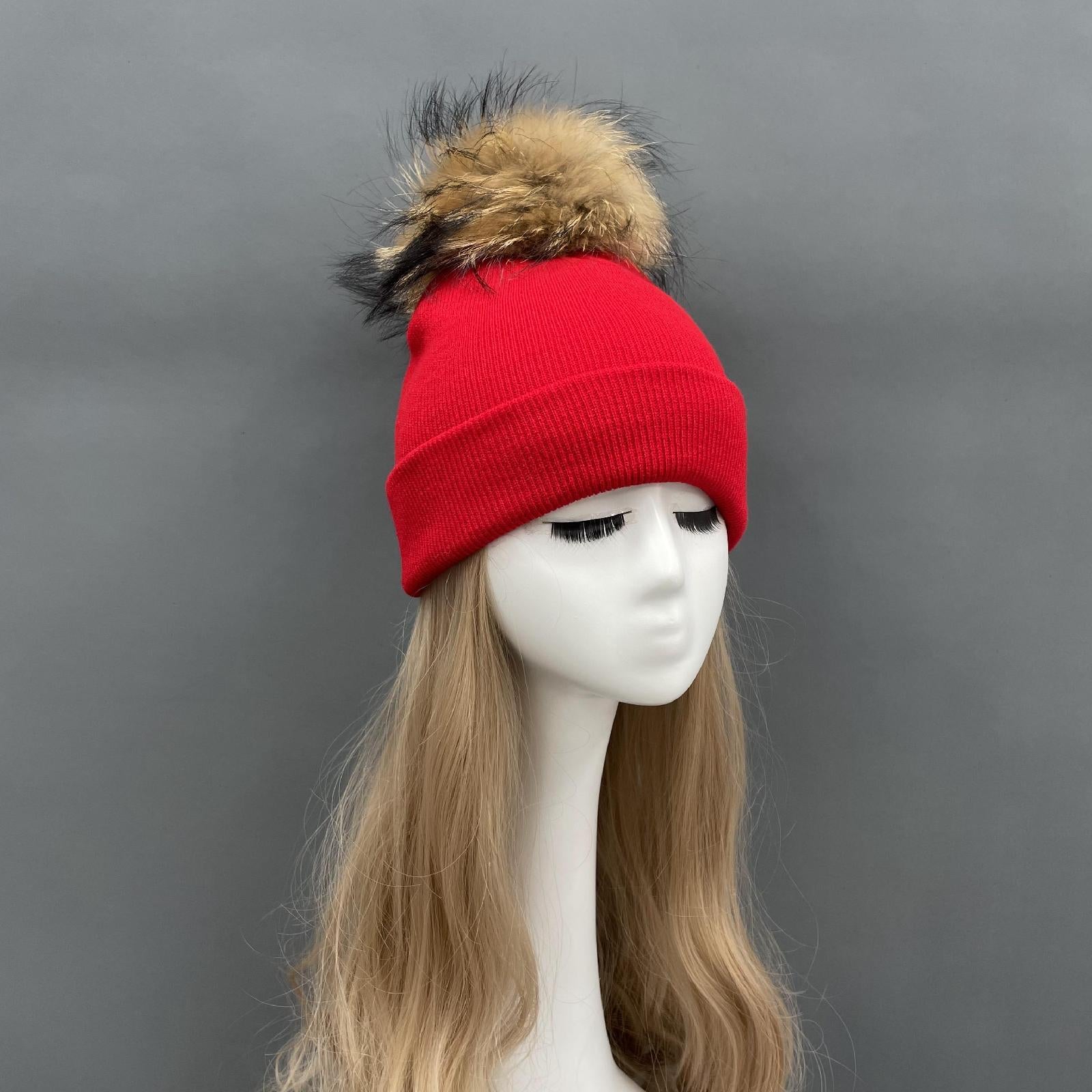 Solid Color Acrylic Knitted Hat with Single Fur Pom Pom Women's Knit Cap - Janefur
