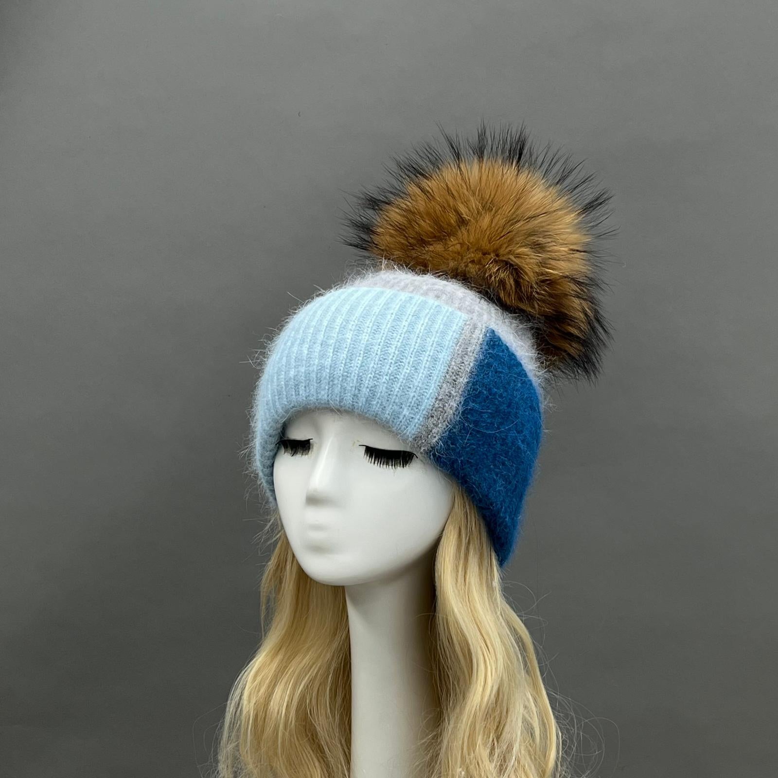 Women's Color-Blocked Trendy Rabbit Fur Hat with Pom Poms for Warmth - Janefur
