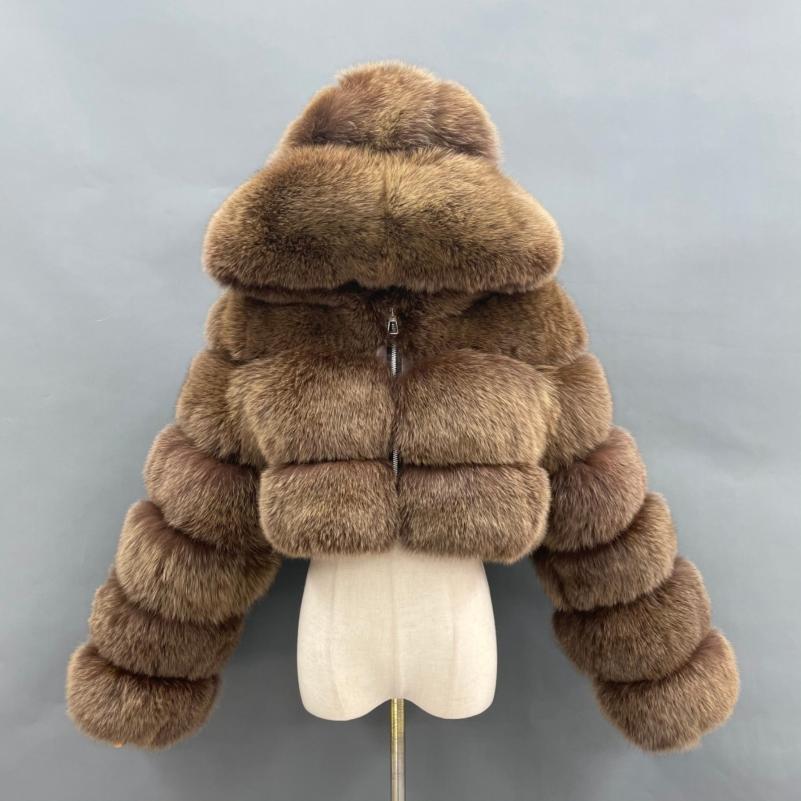 Fashion Short Genuine Fox Fur Coat Women's Winter Hooded Jacket - Janefur
