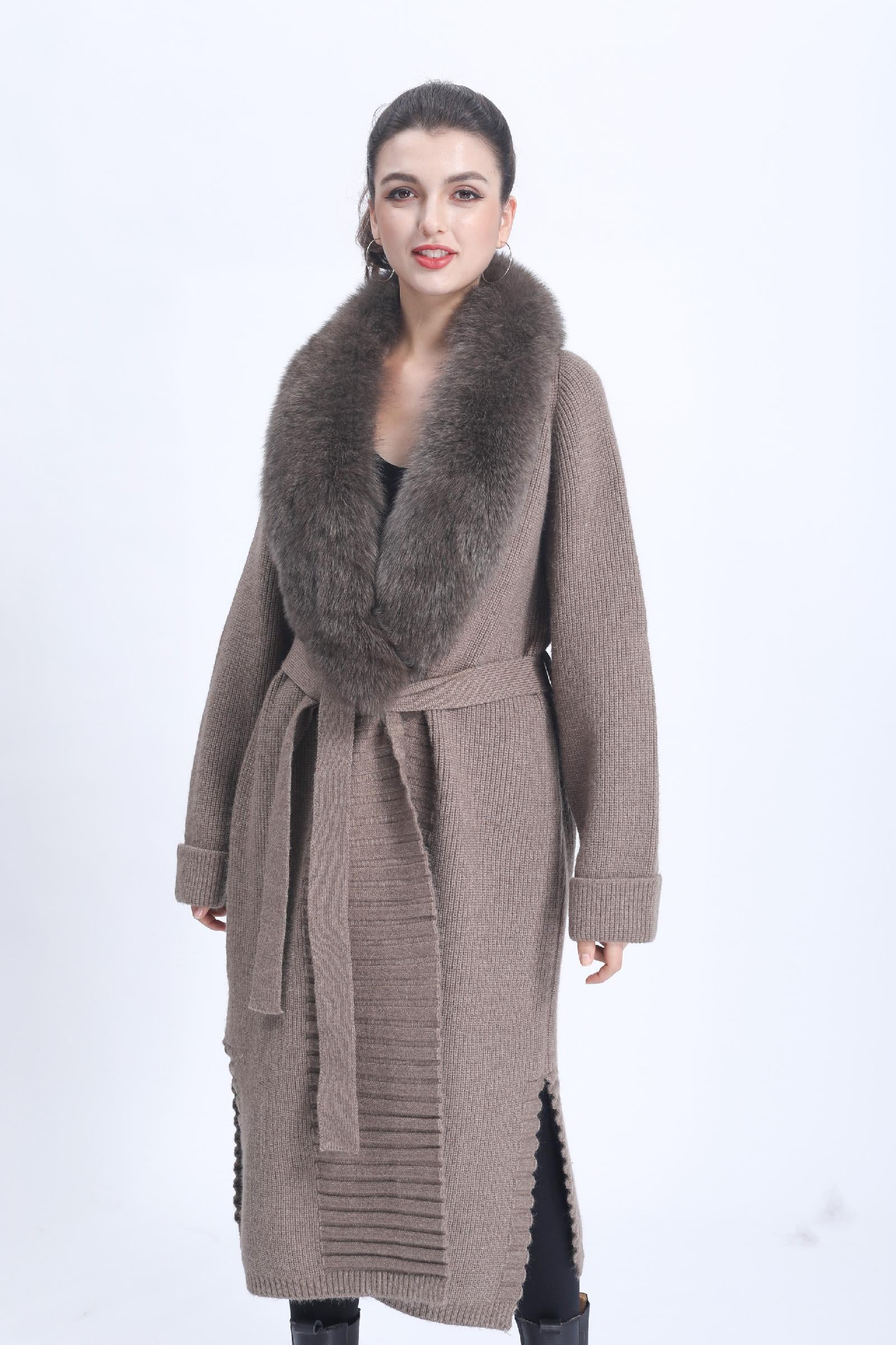 Ladies' Wide Lapel Belted Knitted Sweater Spring Knit Cardigan Long Outerwear - Janefur