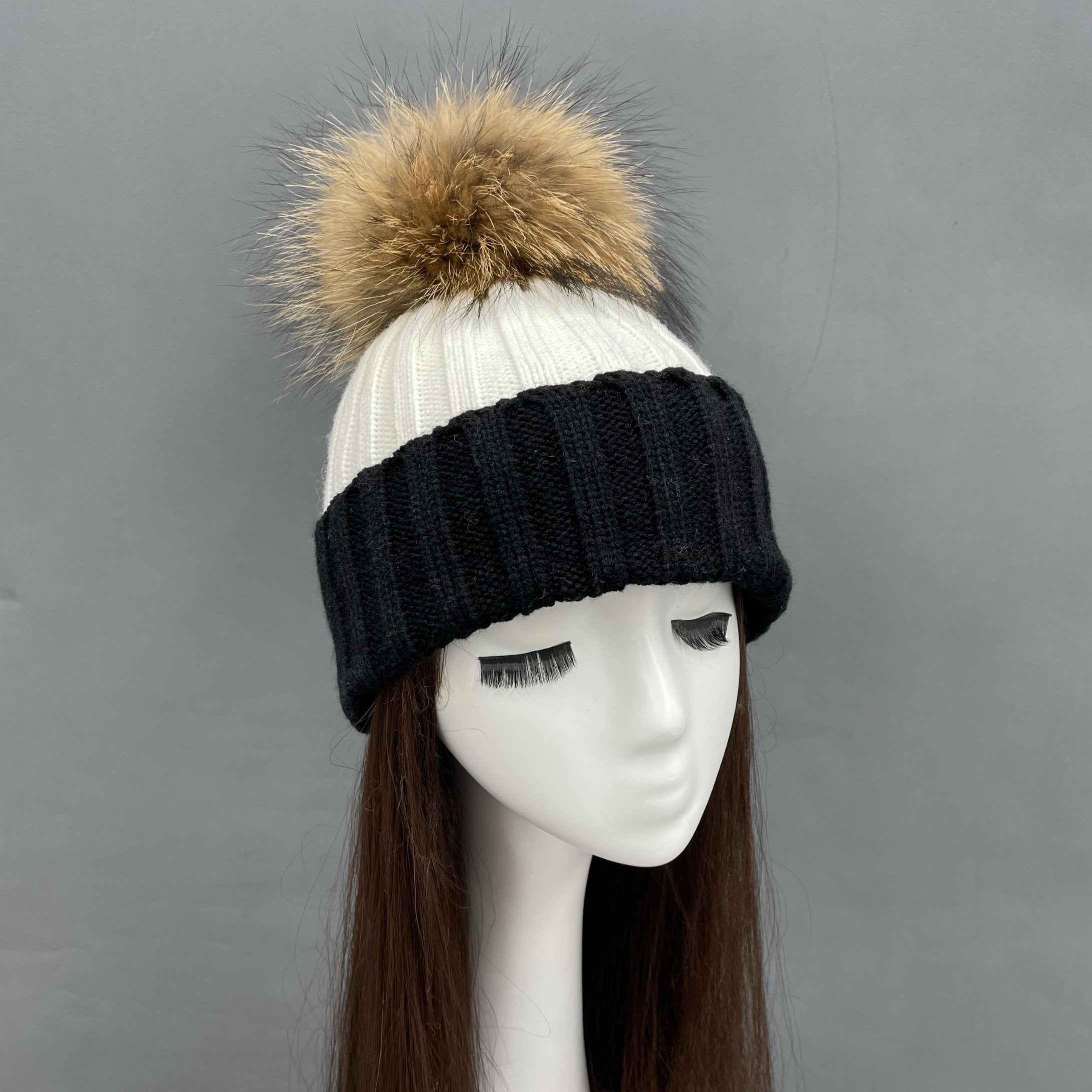 New Fall And Winter Striped With Fur Pom Pom Acrylic Hat - Janefur