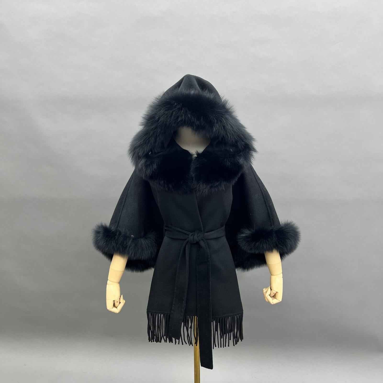 Double-Faced Cashmere Cape Coat for Women with Hood and Fringe Double-Faced Wool Outer Jacket - Janefur