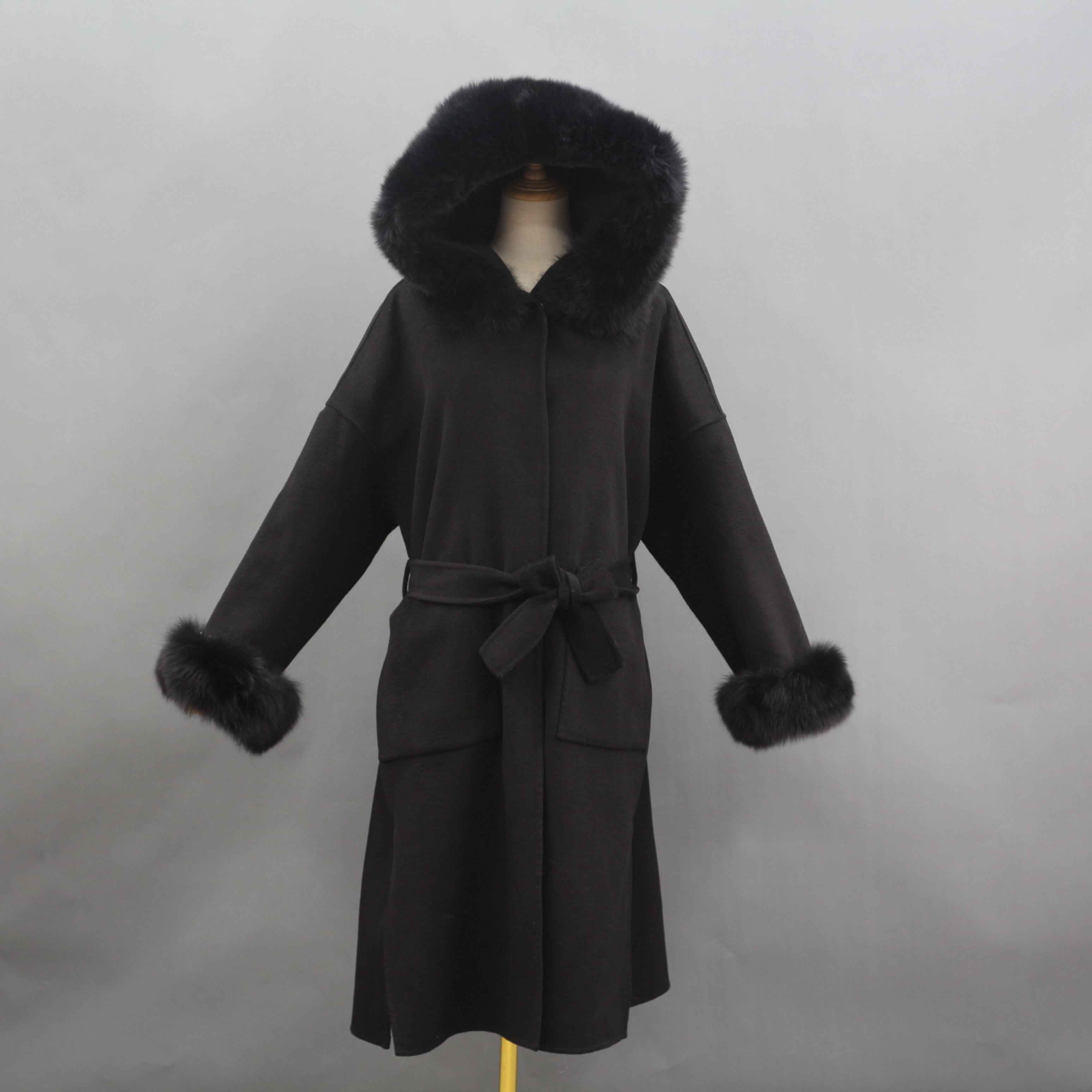 Long Double-Sided Woolen Coat with Large Pockets and Hood - Janefur