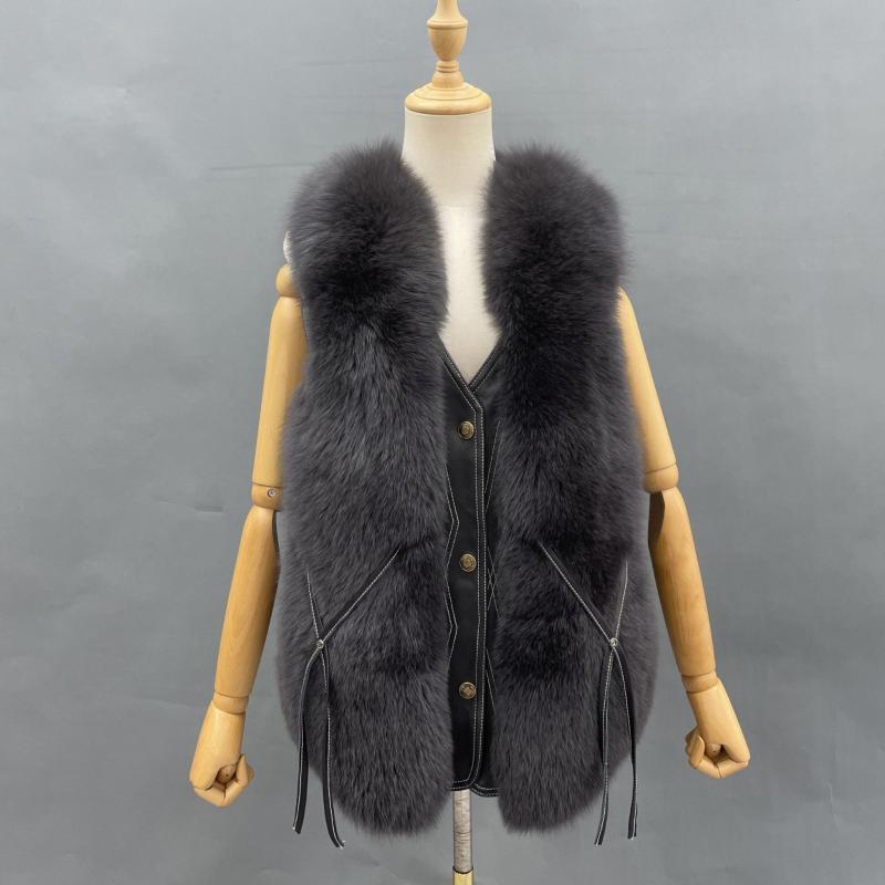 Janefur Blue Fox V Neck Fox Fur Leather Vest - Janefur