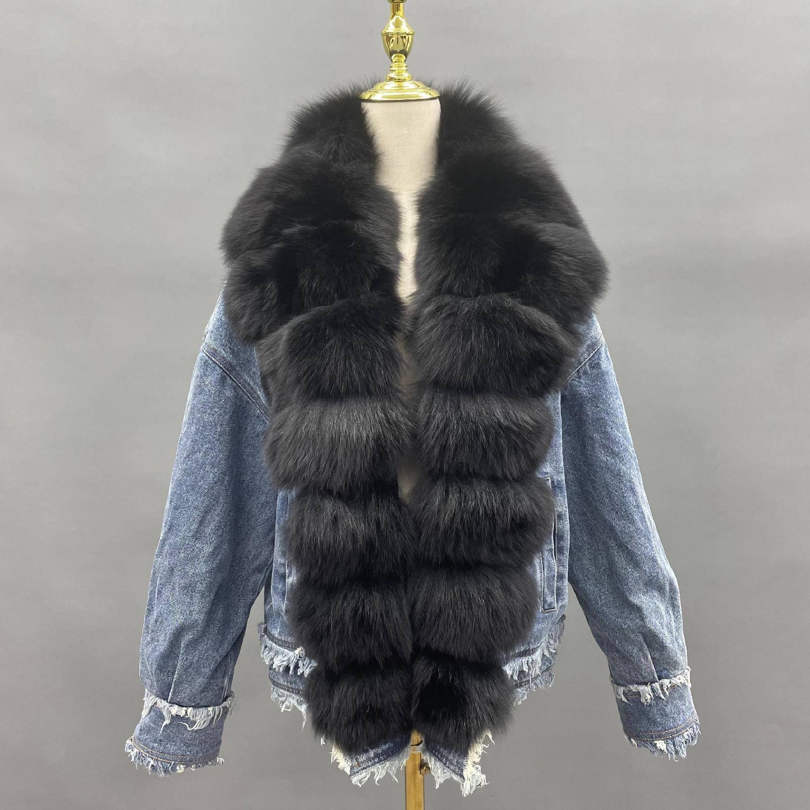Women's Denim Jacket Leather Large Fox Fur Collar Winter Luxury Coat Fluffy Jacket Denim Blue Down Outerwear - Janefur