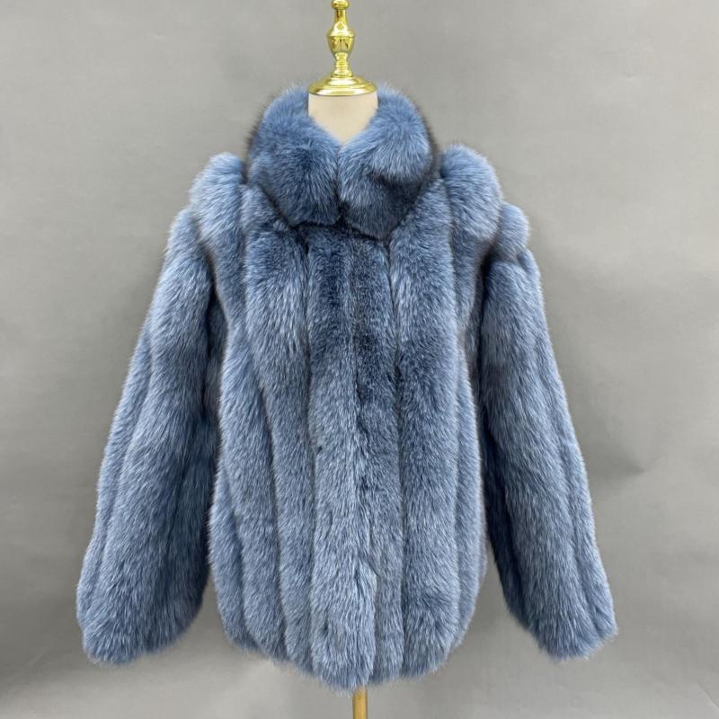 Men's Winter Coat With Stand-up Collar And Vertical Stripes Real Fox Fur - Janefur