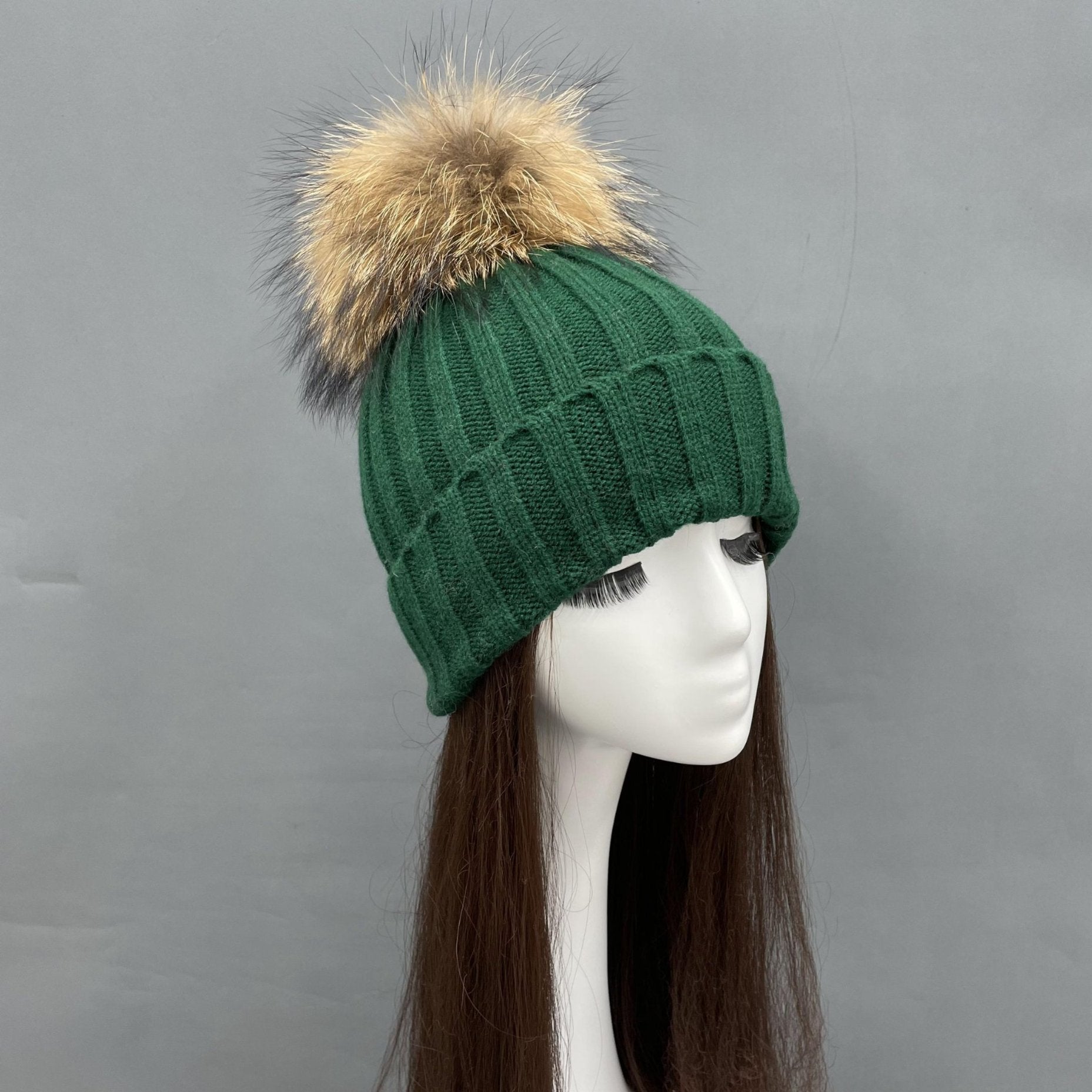 New Fall And Winter Striped With Fur Pom Pom Acrylic Hat - Janefur