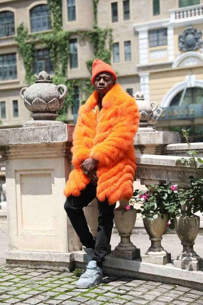 Reversible Long Jacket With Fox Fur And Diagonal Stripes - Janefur