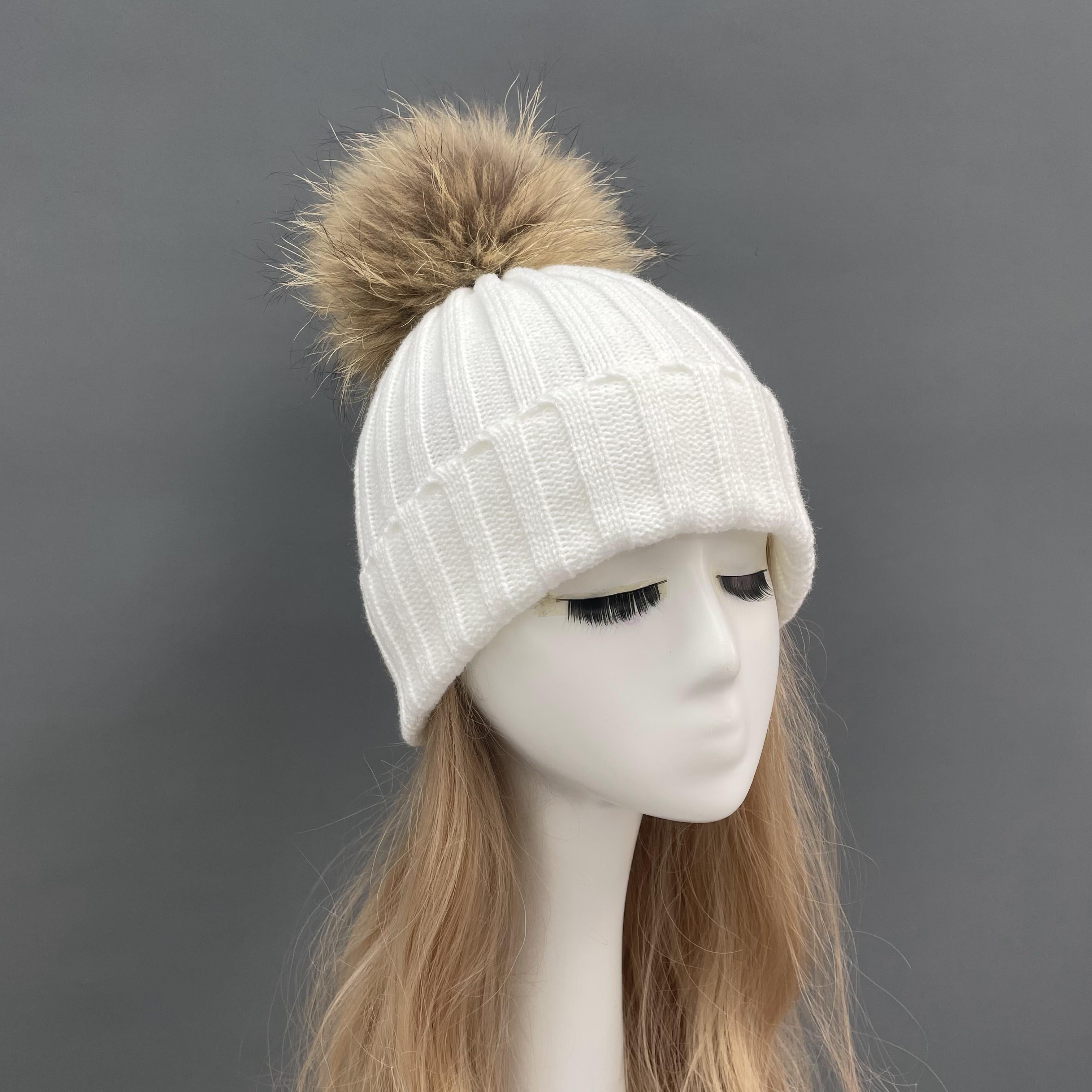 New Fall And Winter Striped With Fur Pom Pom Acrylic Hat - Janefur