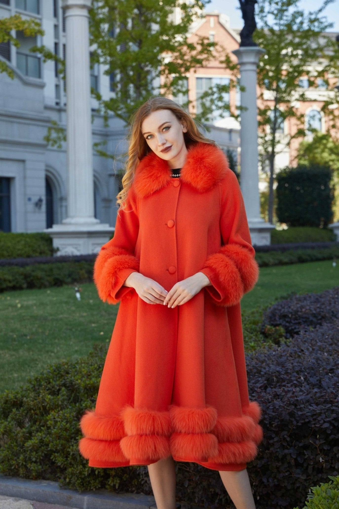 Women's Double Sided Cashmere Coat with Two Sections of Fur Collar at Hem and Cuffs - Janefur