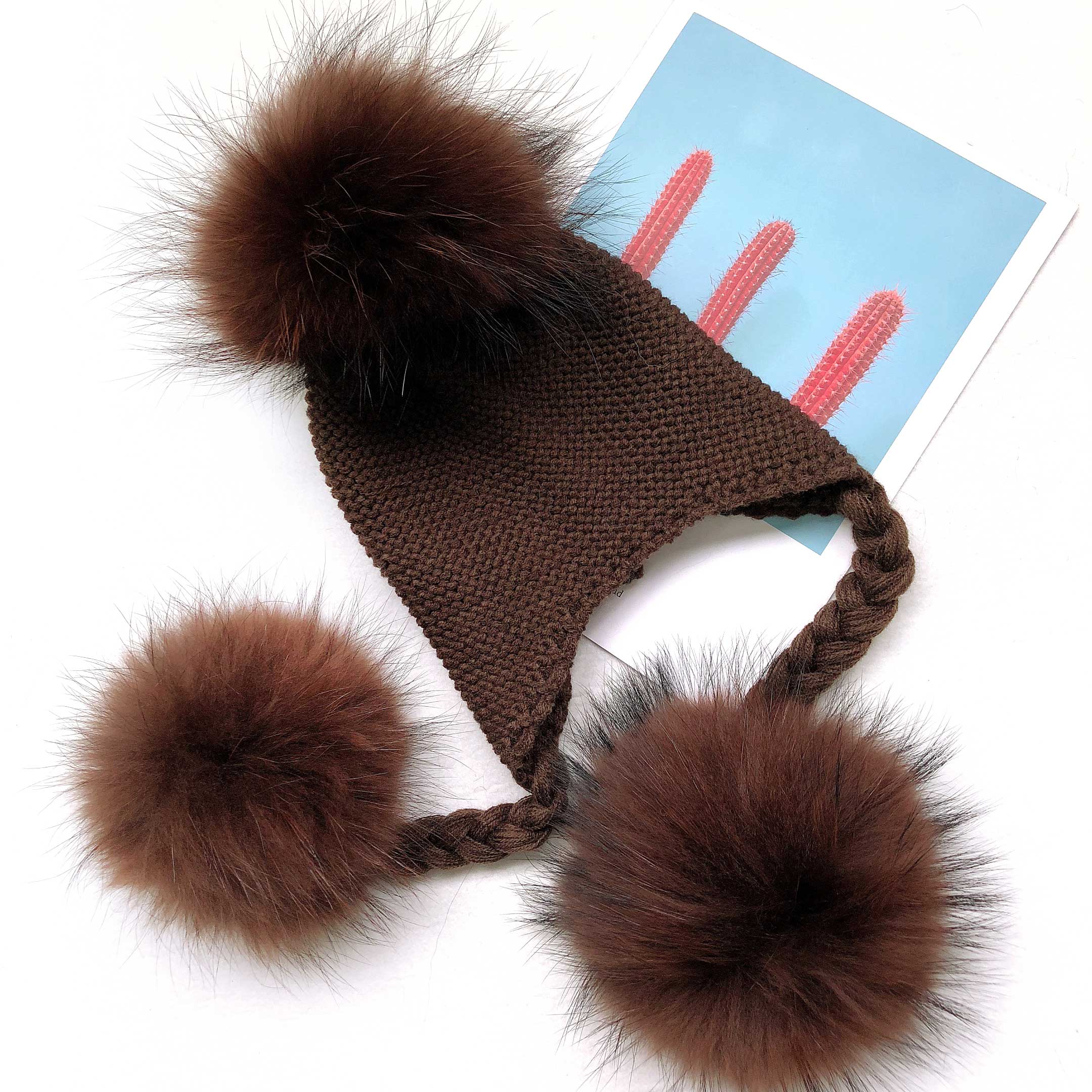 Children's Fashion Knitted Big Braid Raccoon Fur Pom Pom Hat - Janefur