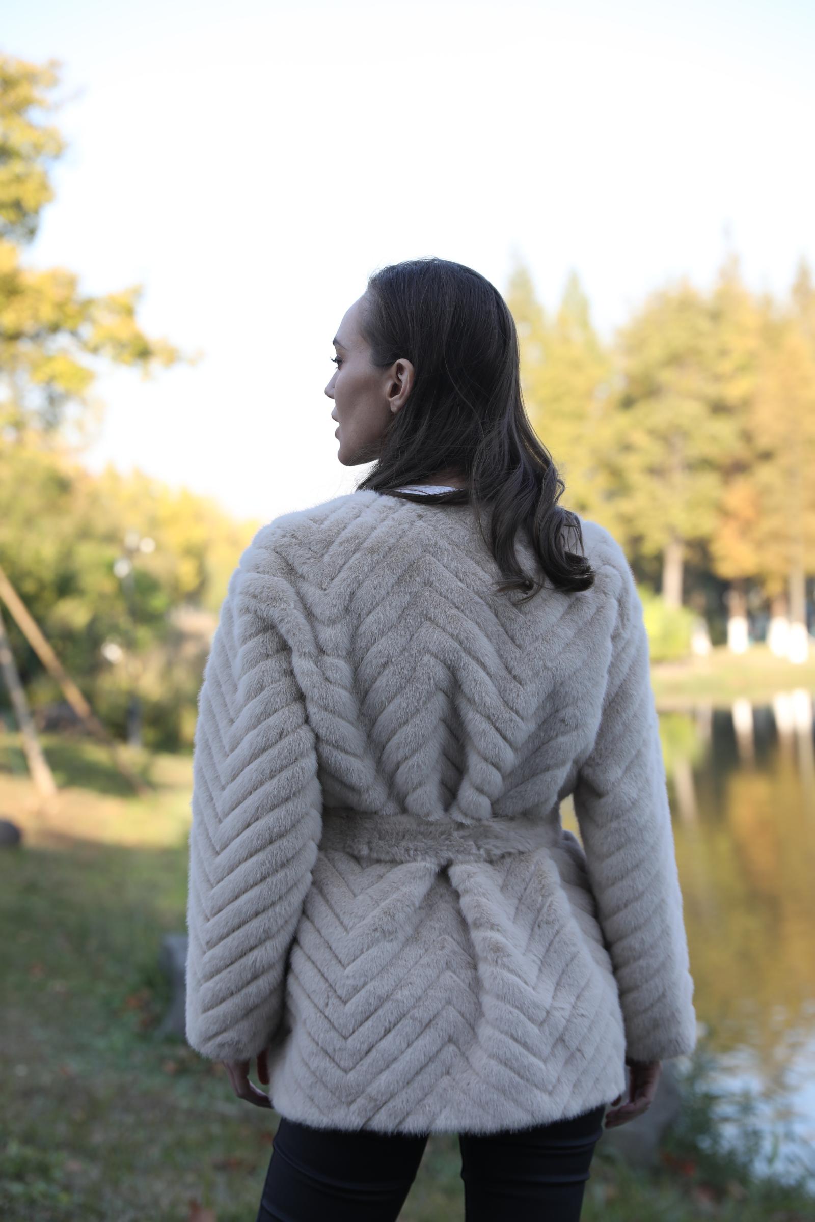 New Women's Winter Diagonal Stripe Waistband Faux Mink Warm Coat - Janefur