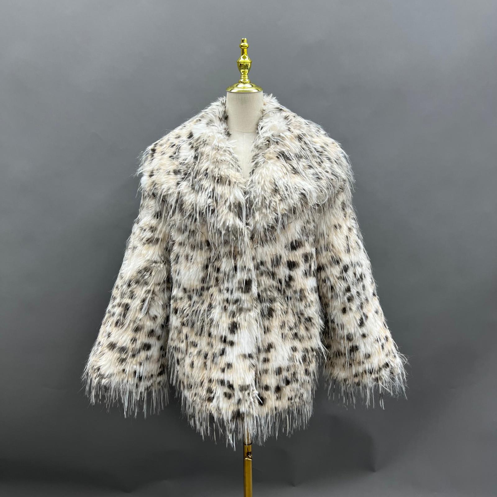 Eco-Friendly Faux Fur Coat Large Lapel Lynx Pattern Women's Short Jacket - Janefur
