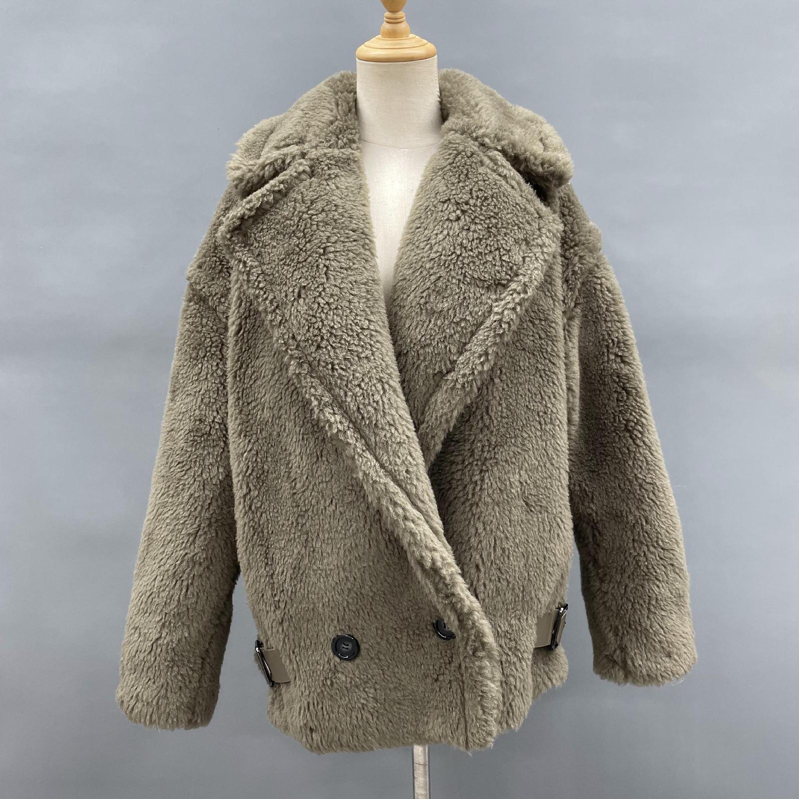 Womens' Teddy Shearling Coat with Leather Button Hem and Double-breasted Lamb Wool Jacket Spring Fur Coat - Janefur