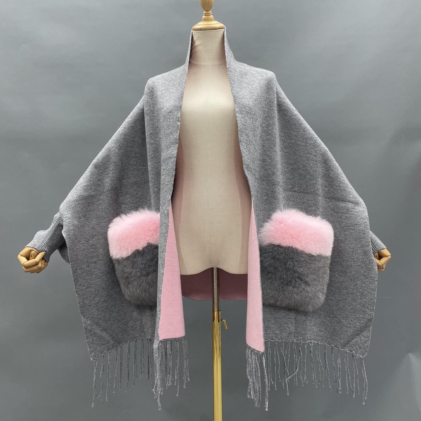 Women's Shawl Cape with Pockets Fur Contrast Ribbed Cuffs Fashionable Soft Sleeved New Cape - Janefur