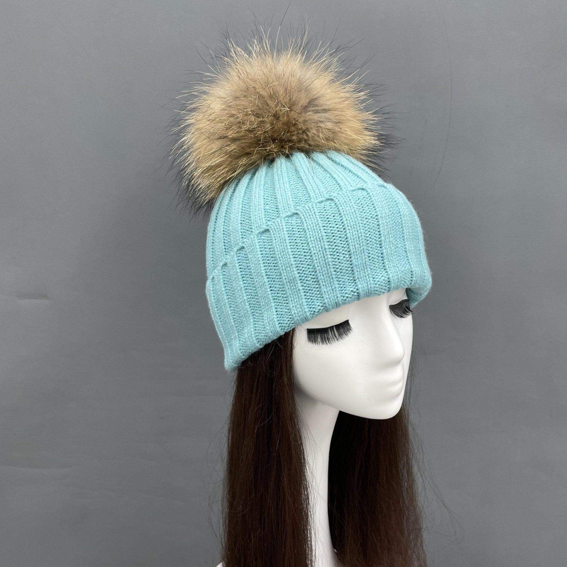 New Fall And Winter Striped With Fur Pom Pom Acrylic Hat - Janefur
