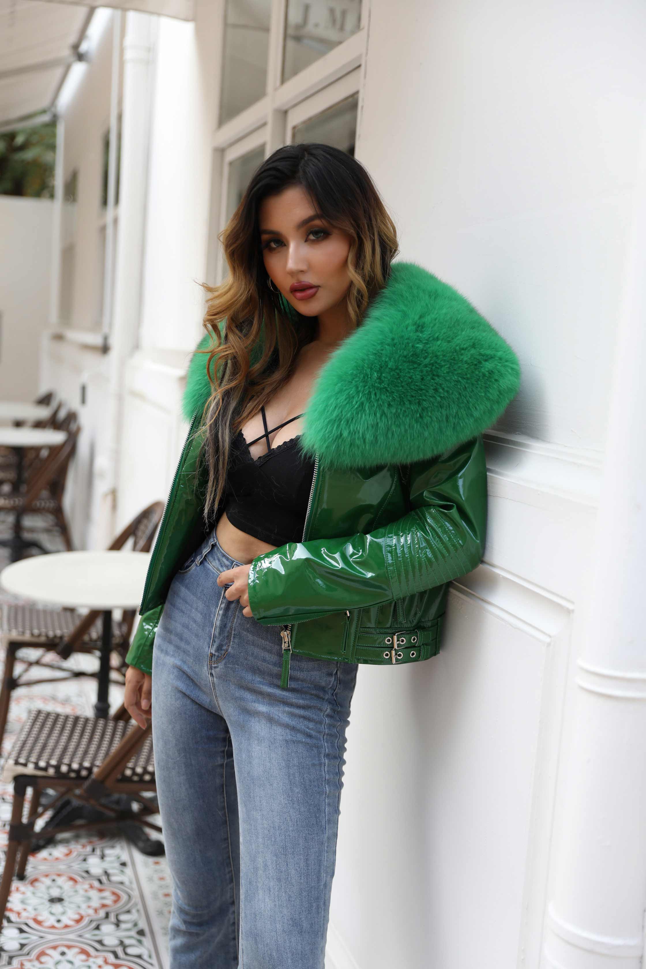 Women's Short Fox Fur Collar Bright Leather Coat - Janefur