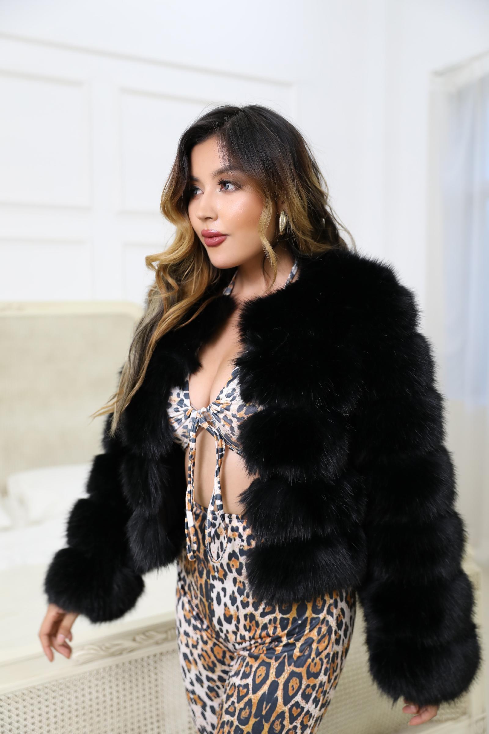 Women's Short Striped Faux Fur Coat Eco Fur Jacket - Janefur