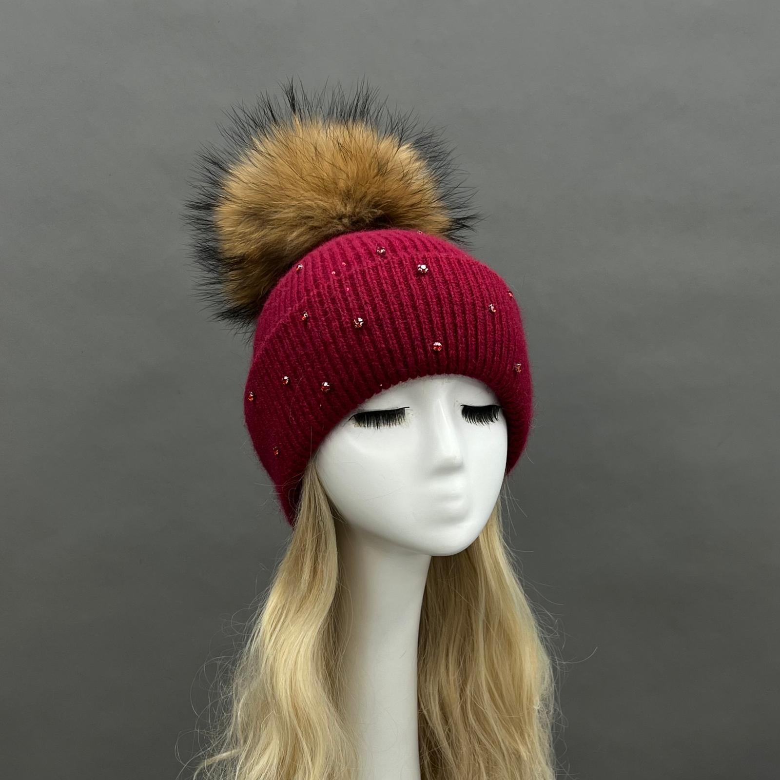 Women's Warm and Casual Rabbit Fur Hat with Sparkling Fur Pompoms - Janefur