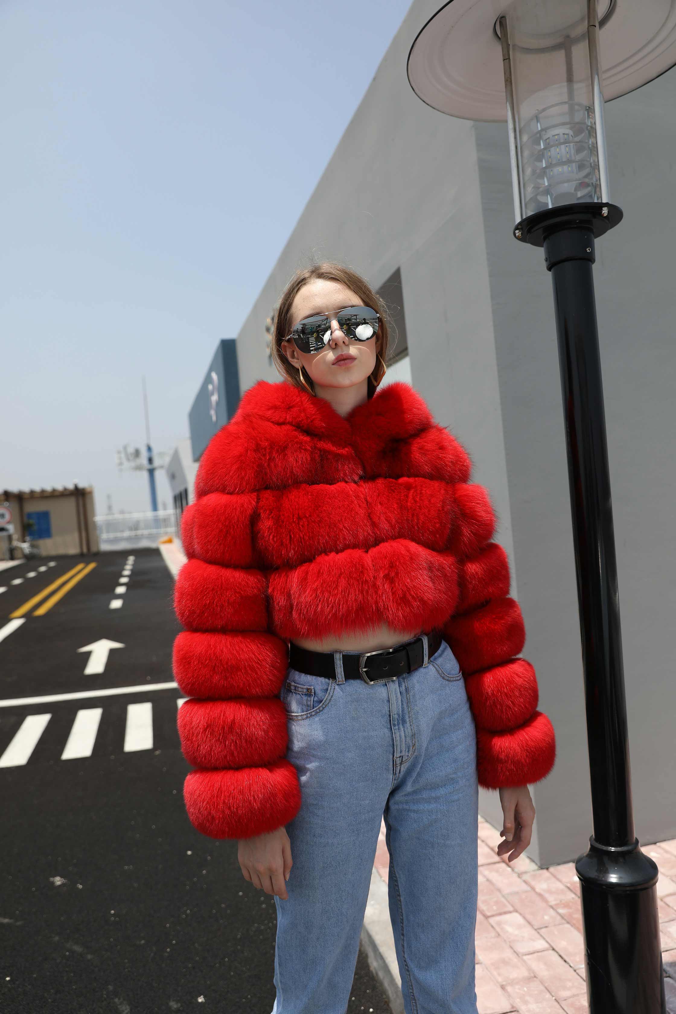 Fashion Short Genuine Fox Fur Coat Women's Winter Hooded Jacket - Janefur
