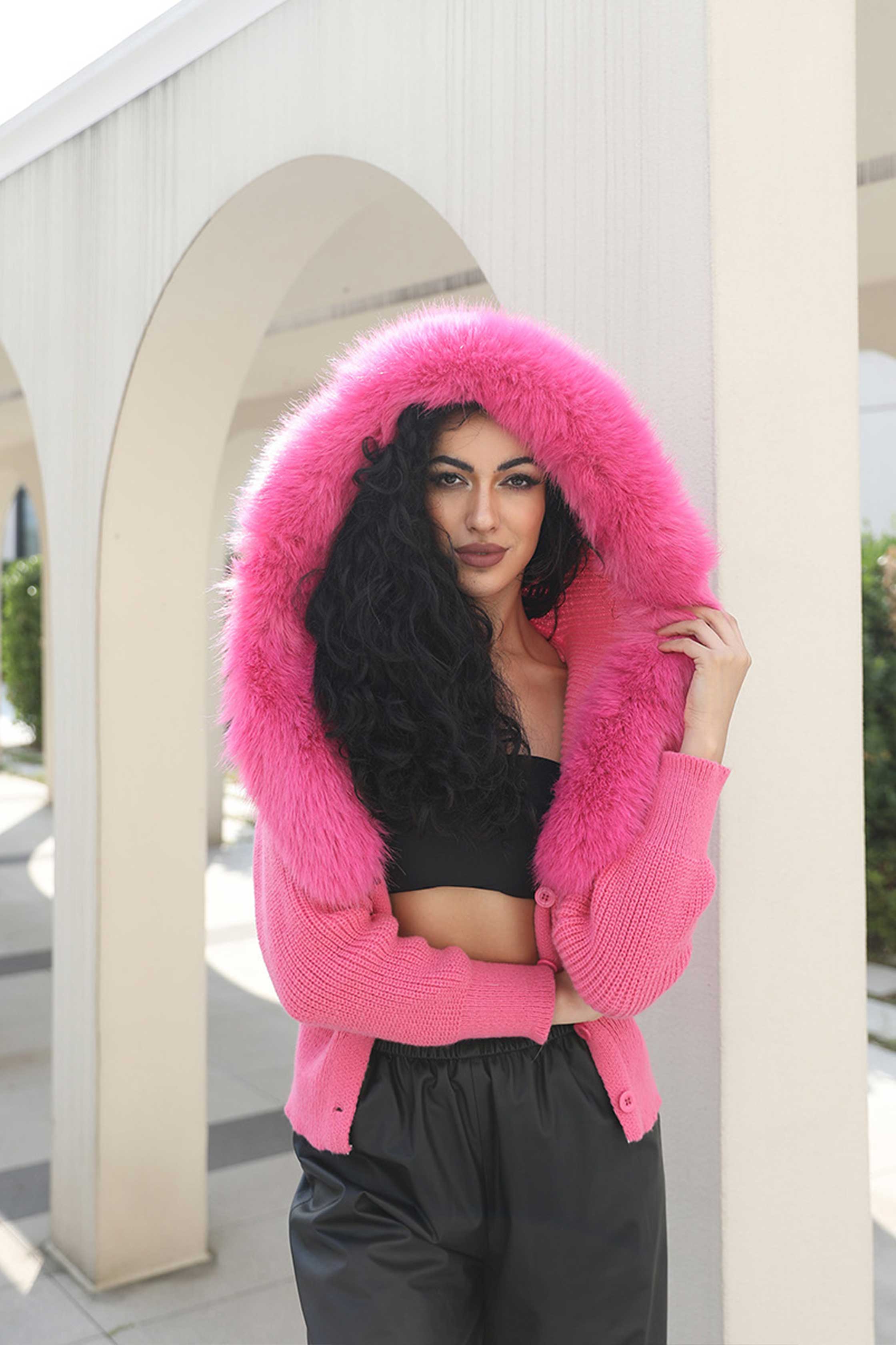 Janefur Cropped Knit Button Jacket with Faux Fur Collar Womens Knit Cardigan Sweaters - Janefur