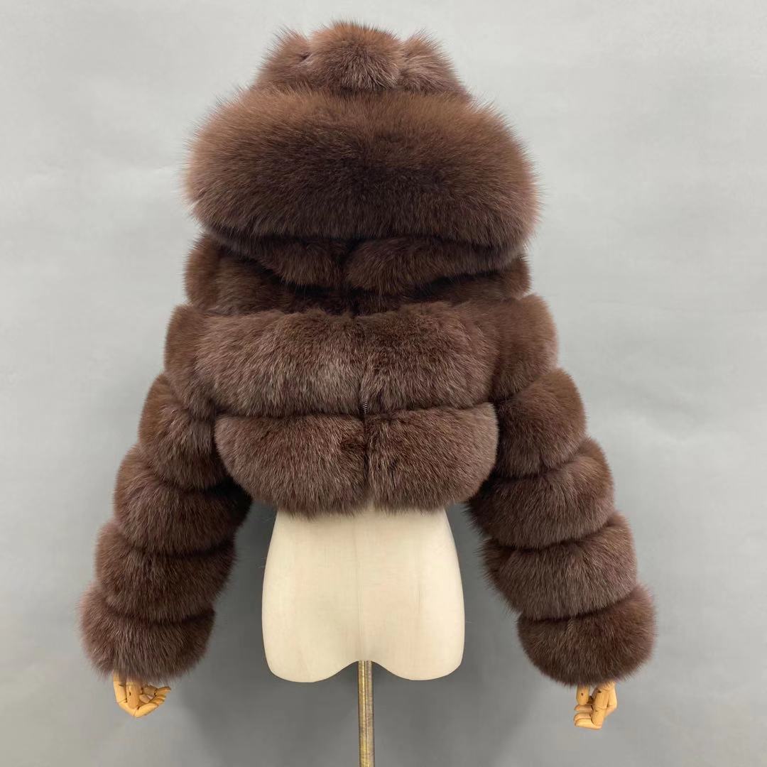 Fashion Short Genuine Fox Fur Coat Women's Winter Hooded Jacket - Janefur