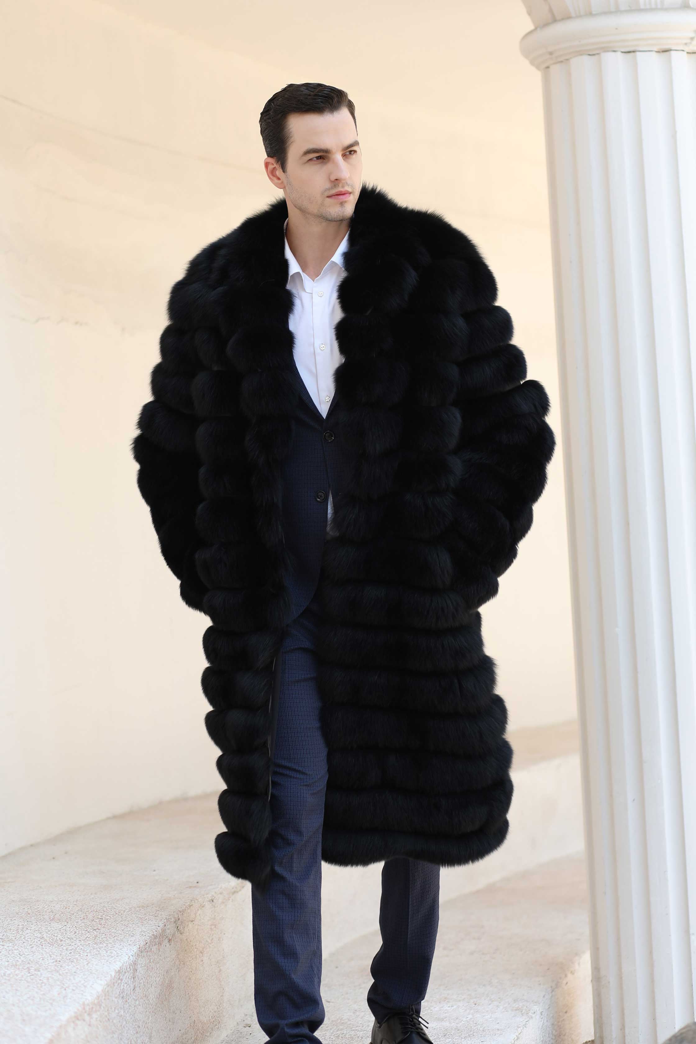 Men's Long Luxury Fur Collar Real Fox Fur Winter Fashion Coat - Janefur