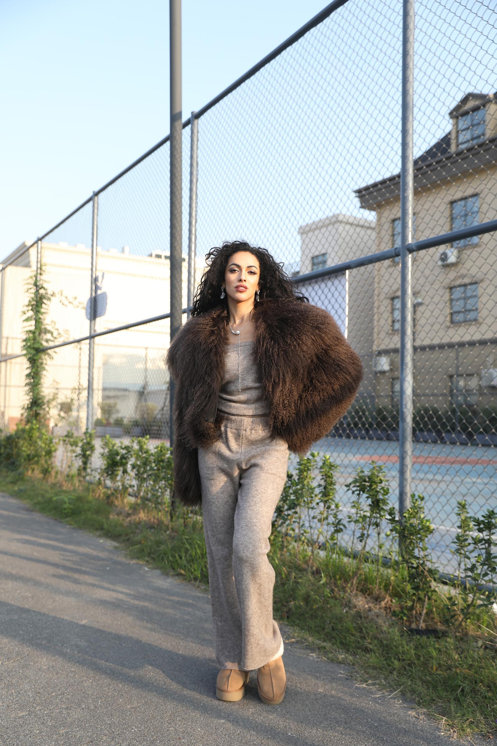 Women's Mongolian Lamb Fur Large Collar Casual Short Fur Jacket Outwear Coat - Janefur