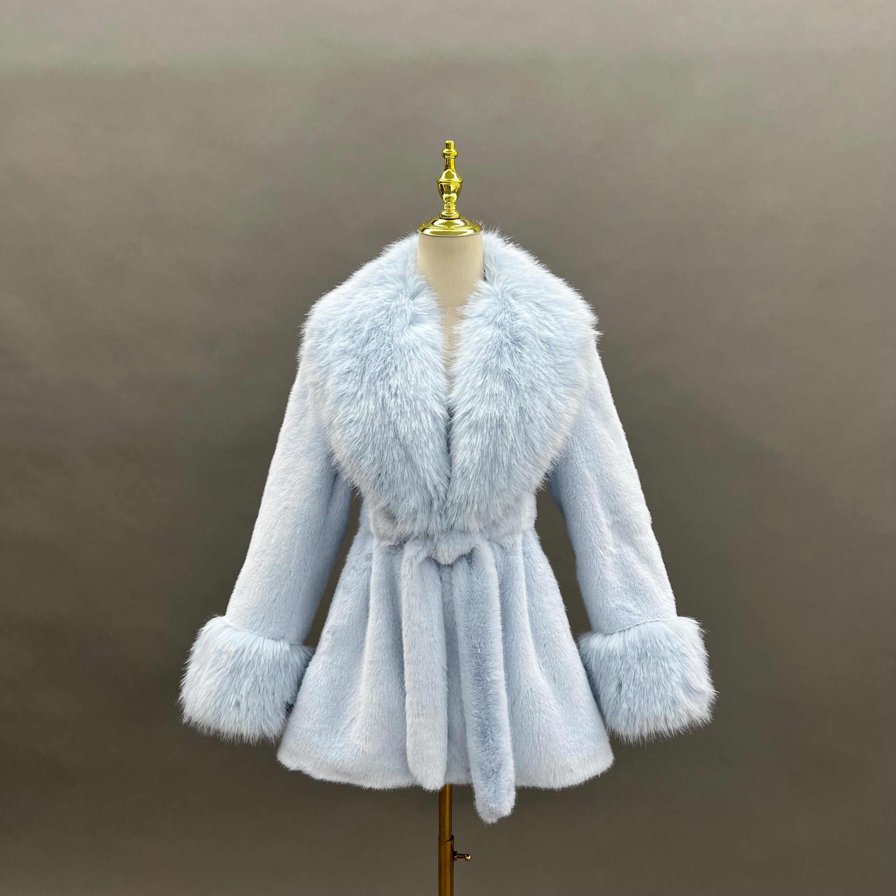 Janefur Womens Short Large Fur Collar Tie-Up Faux Mink Elegant Faux Fur Jacket - Janefur