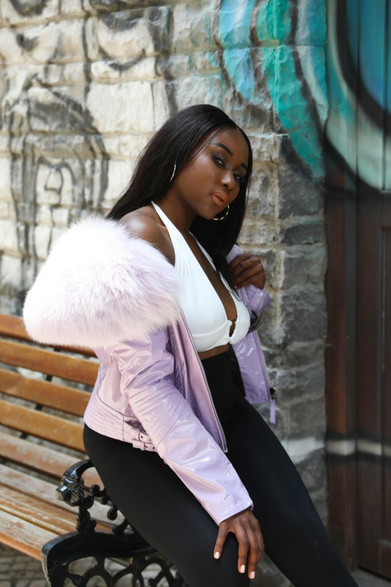 Large Fox Fur Collar Shiny Leather Jacket - Janefur