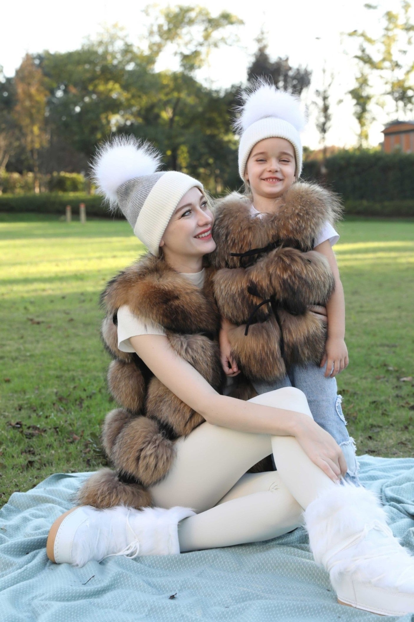 Contrast Color Angora Knitted Fur Pom Pom Warm Beanie Hat For Adults and Children - Janefur