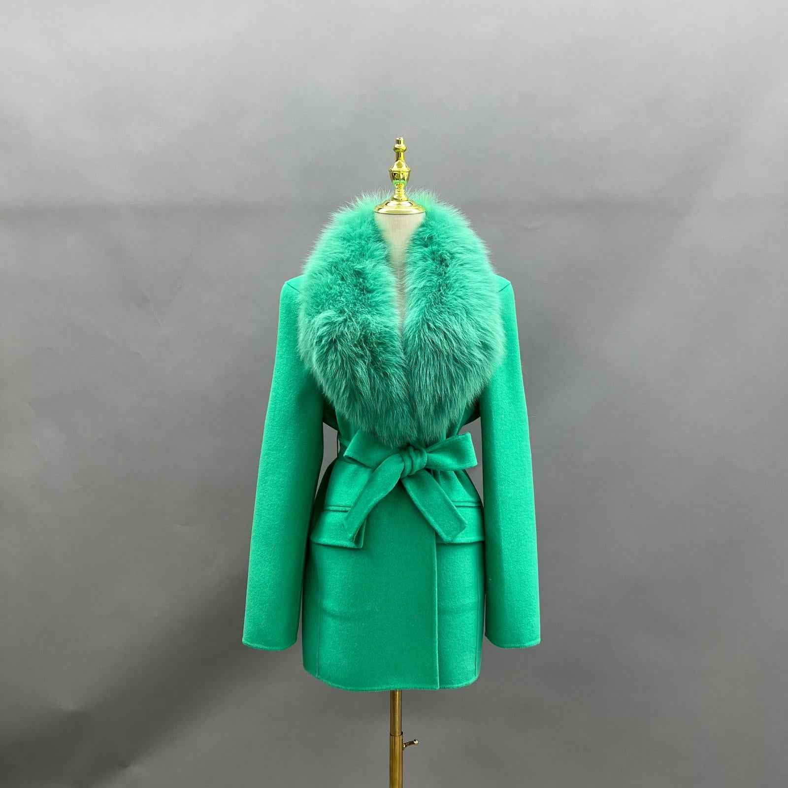 Fox Fur Collar Double-Faced Cashmere Coat for Women with Charming Notched Lapel Waist-Cinching Double-Faced Wool Jacket - Janefur