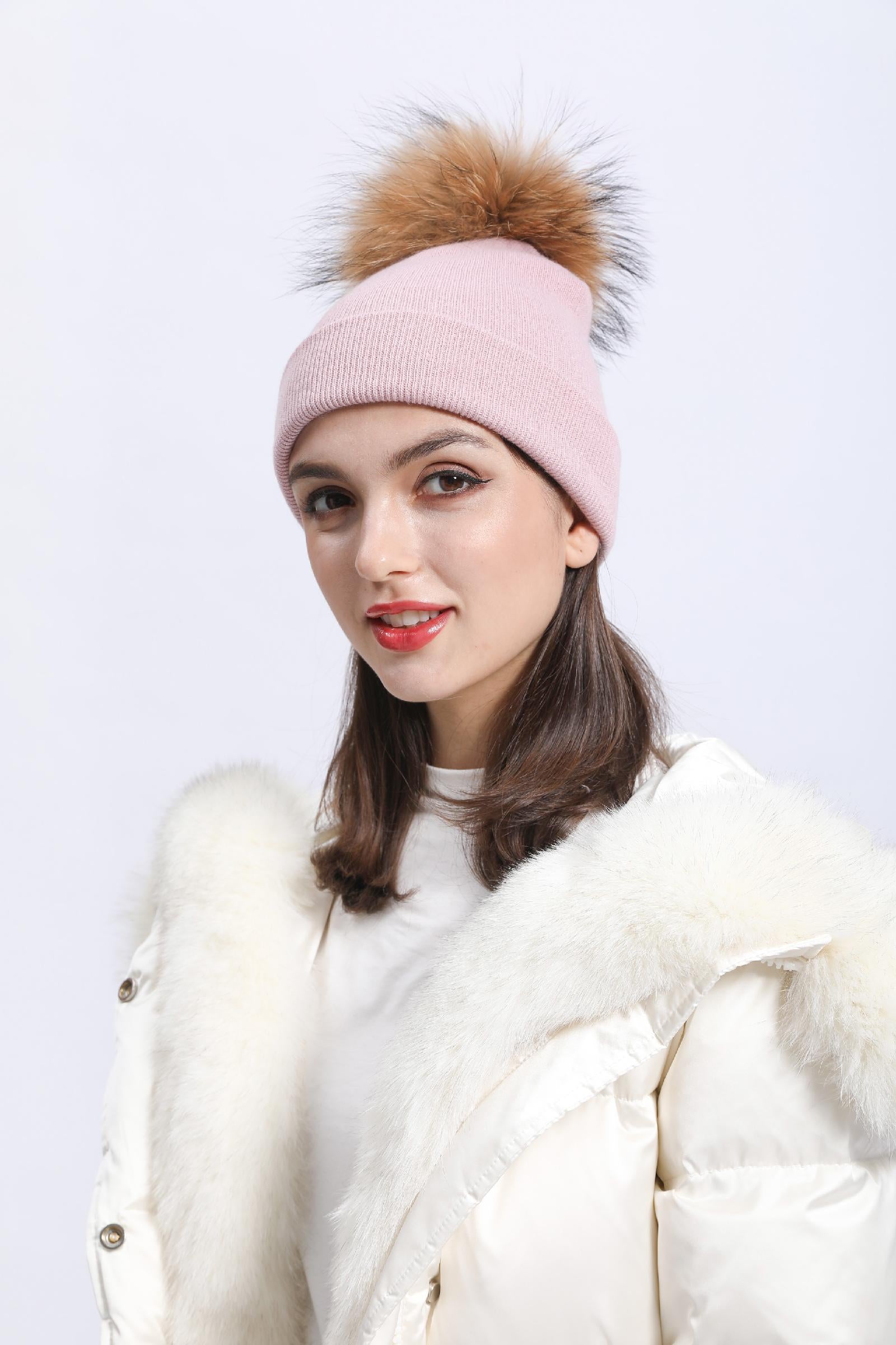 Solid Color Acrylic Knitted Hat with Single Fur Pom Pom Women's Knit Cap - Janefur