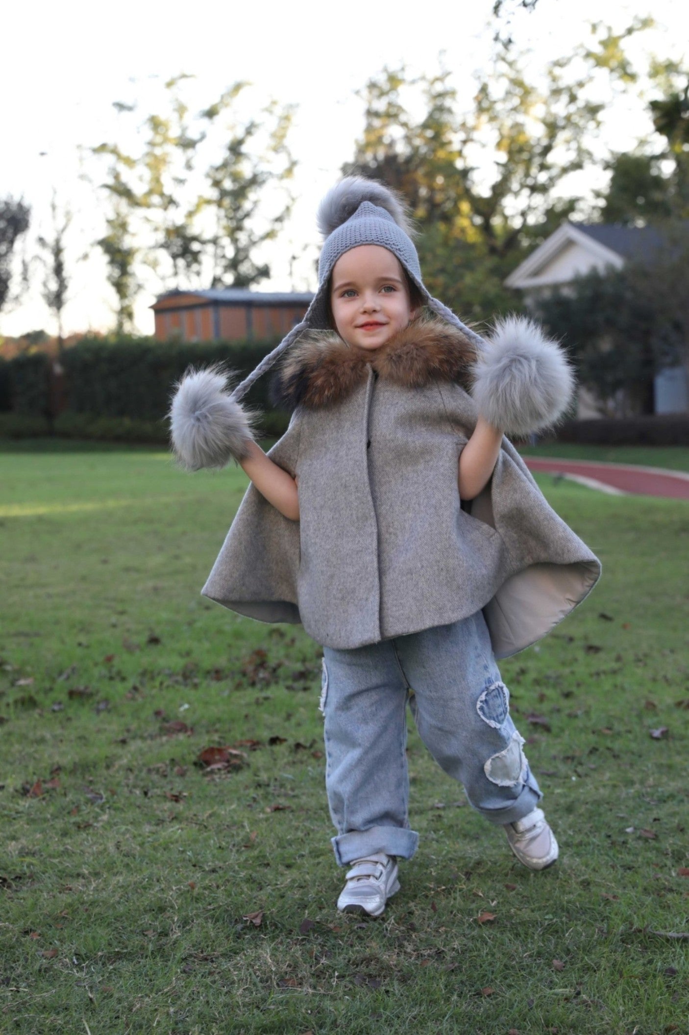 Children's Fashion Knitted Big Braid Raccoon Fur Pom Pom Hat - Janefur