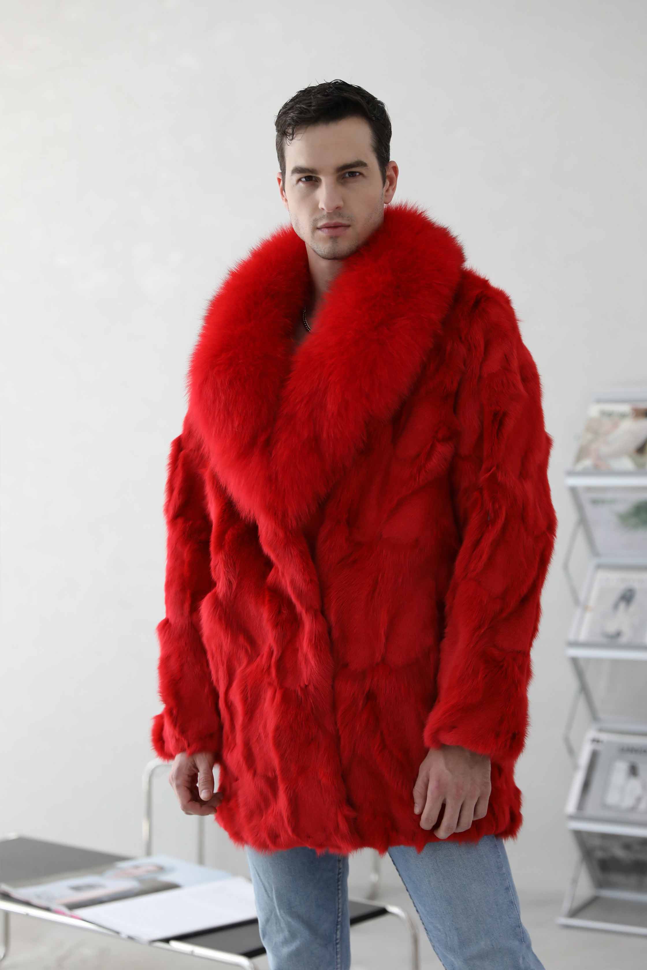 Winter Fashion Men's Long Fox Fur Collar Red Coat - Janefur